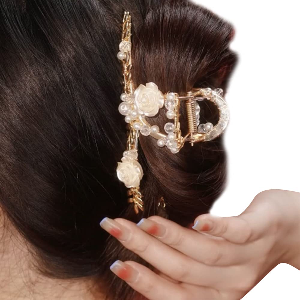 Pearl Rose Flower Hair Claw Clip - Strong Spring Tension Hair Jaw Comb with Teeth for Thick Hair - Hair Updo Grip Barrette for Women (Beige) | Perfect for Weddings, Parties, and Everyday Elegant Hairstyles