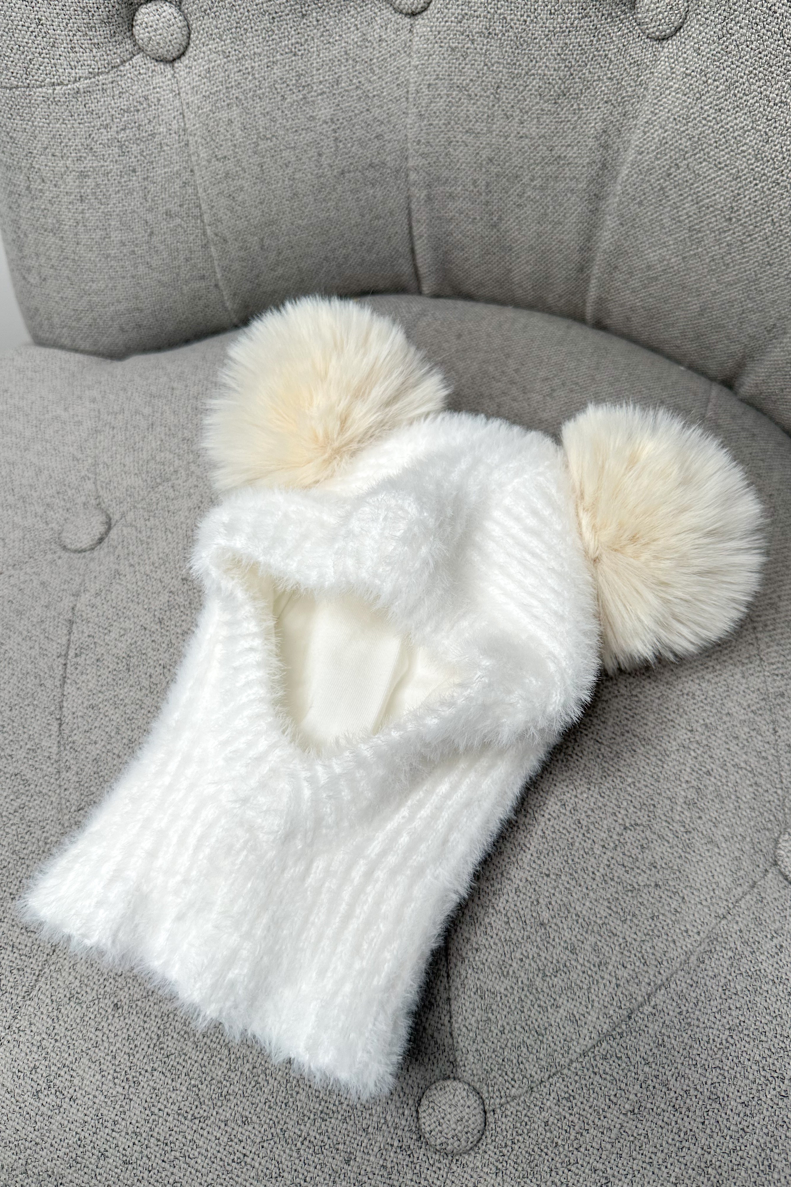 Fluffy Ivory Pom Pom Snood - Soft Winter Scarf for Women, Cozy Knit Neck Warmer, Fashionable Accessory for Cold Weather, Perfect for Outdoor Activities & Holiday Outfits