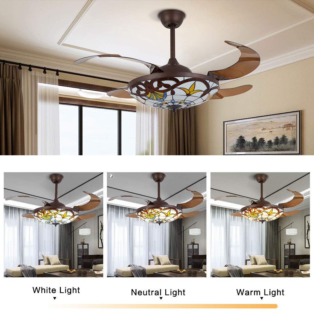 42 Inch Tiffany Style Ceiling Fan with LED Light and Remote Control - 3 Speed Adjustable, Retractable Blades - Perfect for Living Room, Bedroom, and Dining Room