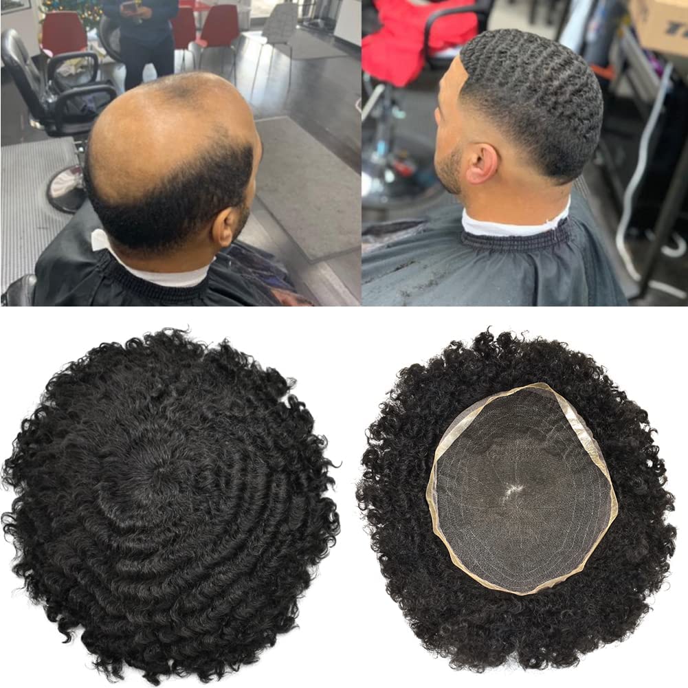 100% Human Hair Afro Toupee for Black Men - Kinky Curly Man Weave Hair System for African American - Jet Black 12mm Wave Full Lace Wig (8