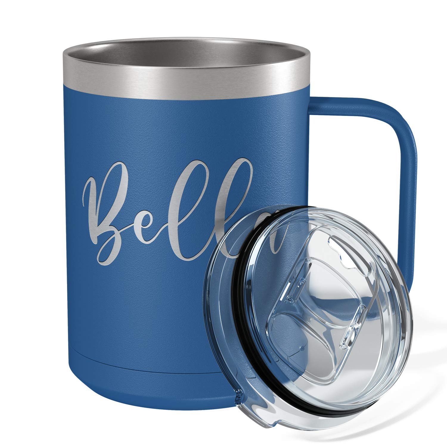 Custom Engraved 15oz Blue Matte Stainless Steel Vacuum Insulated Coffee Mug - Personalized Gift with Handle for Office, Travel & Home Use
