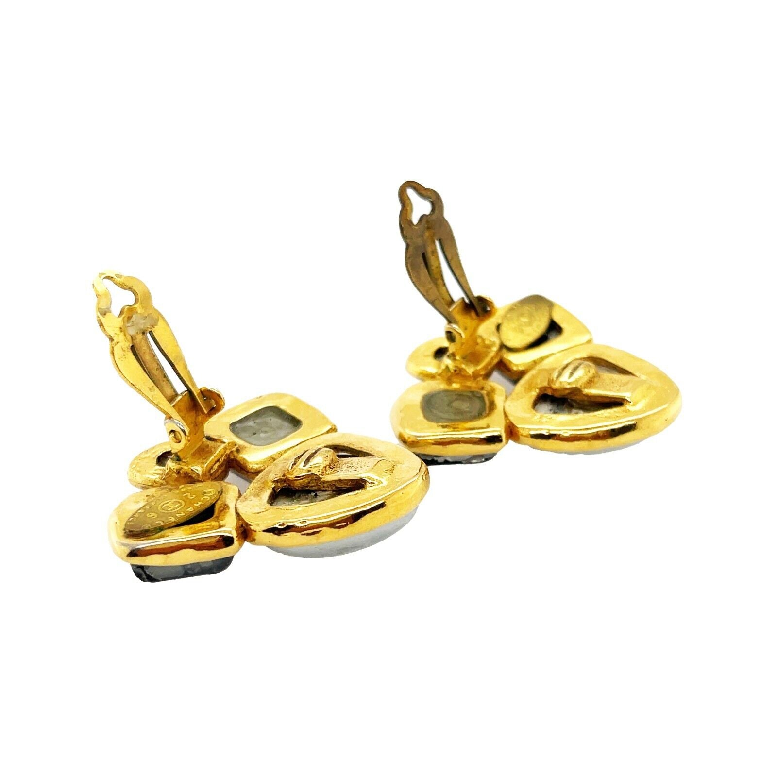 Vintage CHANEL Gold Tone Stone Embellished Clip-On Earrings - Elegant Retro Jewelry for Parties, Weddings & Special Occasions