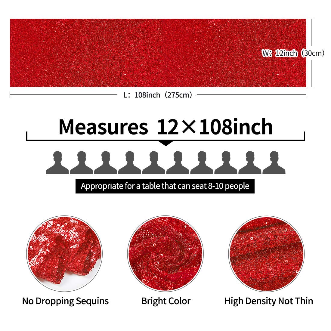10 Pack 12x108 Inch Red Sequin Table Runners - Glitter Party Table Decor for Weddings, Birthdays, Bachelorette, Bridal & Baby Showers, Holiday Celebrations - Perfect for Dining Tables, Buffets, and Event Centerpieces