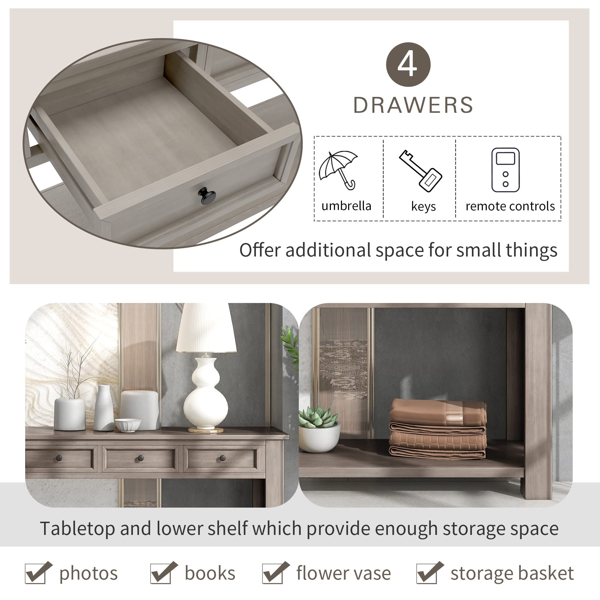 Rustic Solid Wood Console Table with 4 Storage Drawers - 63