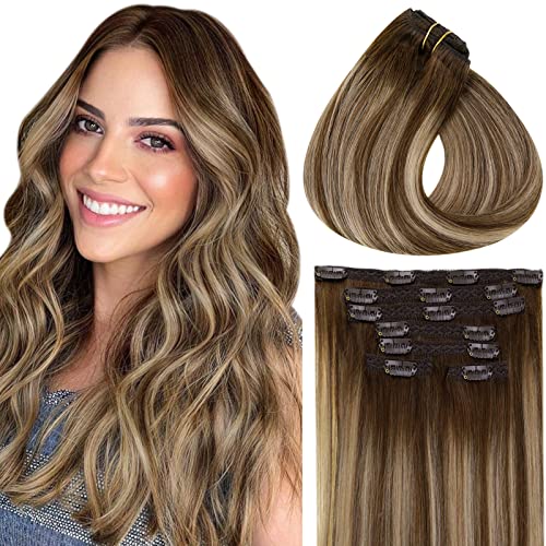 Vivien 20 Inch Dark Brown to Caramel Blonde Clip-In Hair Extensions - 100% Remy Human Hair - 7pcs/set 120g - Seamless Blending for Everyday Wear & Special Occasions