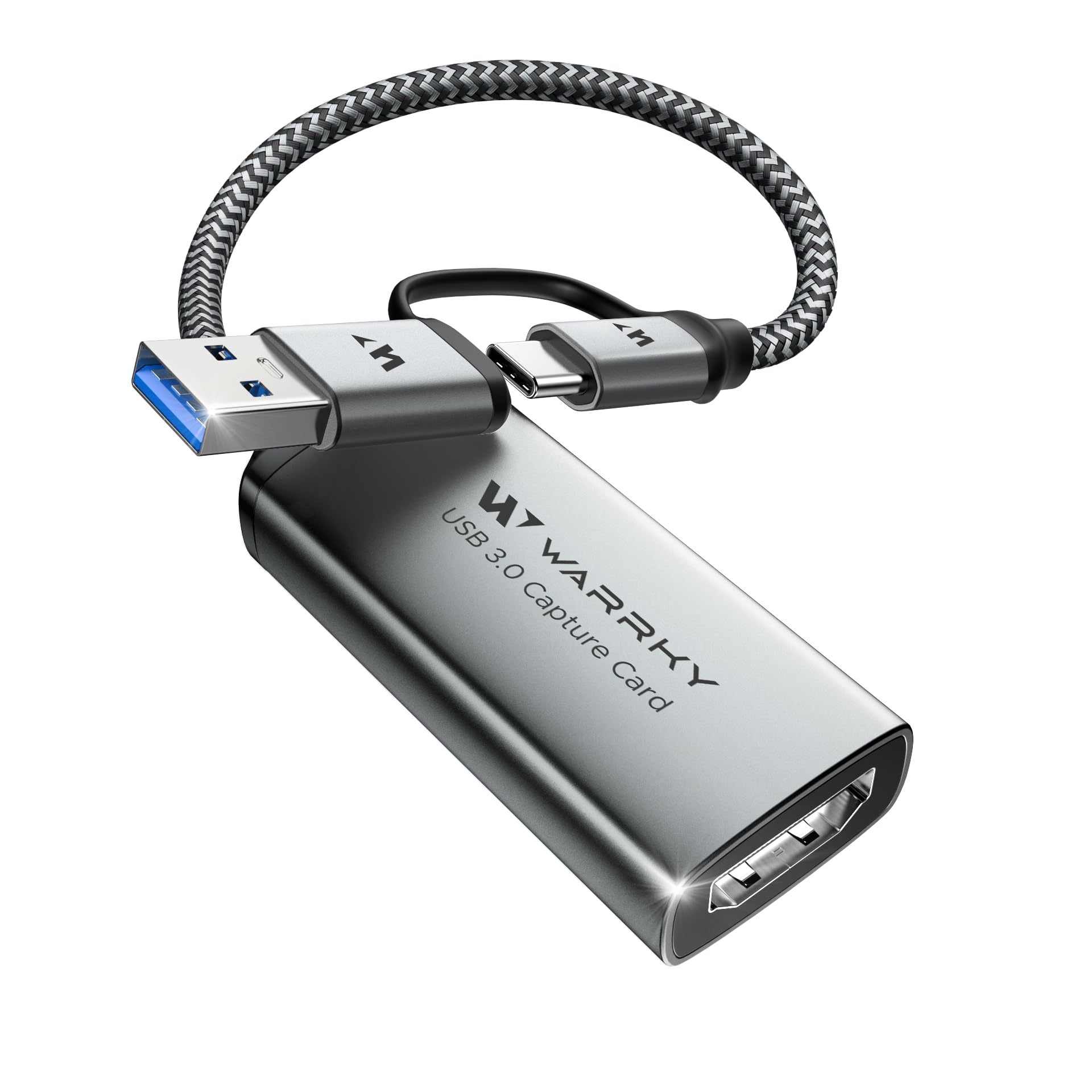 WARRKY USB 3.0 HDMI Video Capture Card - 1080P 60FPS with Type-C Adapter for Live Streaming, Gaming & Recording | Compatible with Windows, MacOS, Nintendo Switch & OBS | Nylon Braided Cable & Durable Aluminum Shell | Perfect for Twitch, YouTube & Zoom Meetings