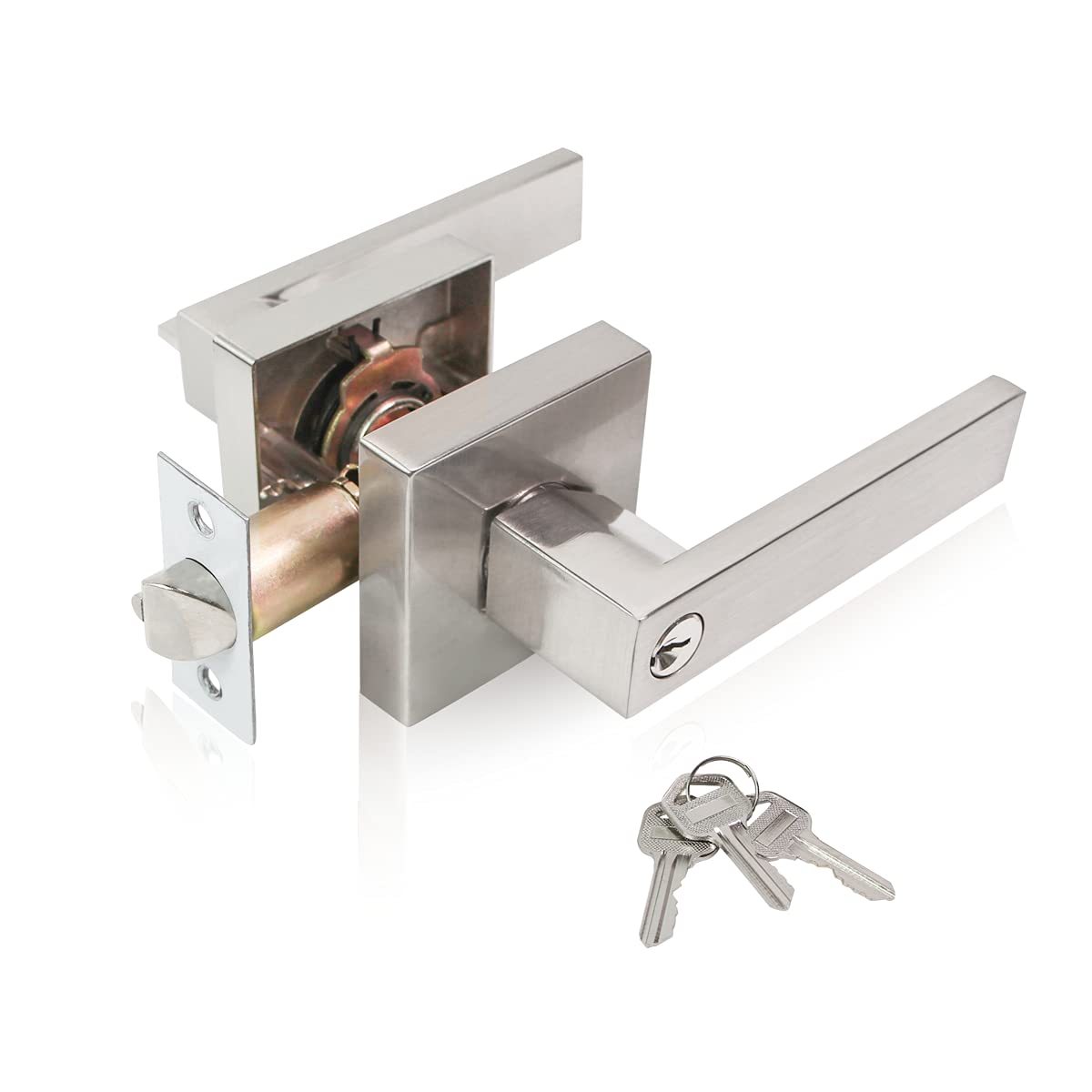 Heavy Duty Square Front Door Handle with Lock & Key - Brushed Nickel Adjustable Latch Door Levers - Left/Right Hand Reversible Door Knob for Exterior/Interior Doors (1 Pack) - Perfect for Home, Office & Apartment Security