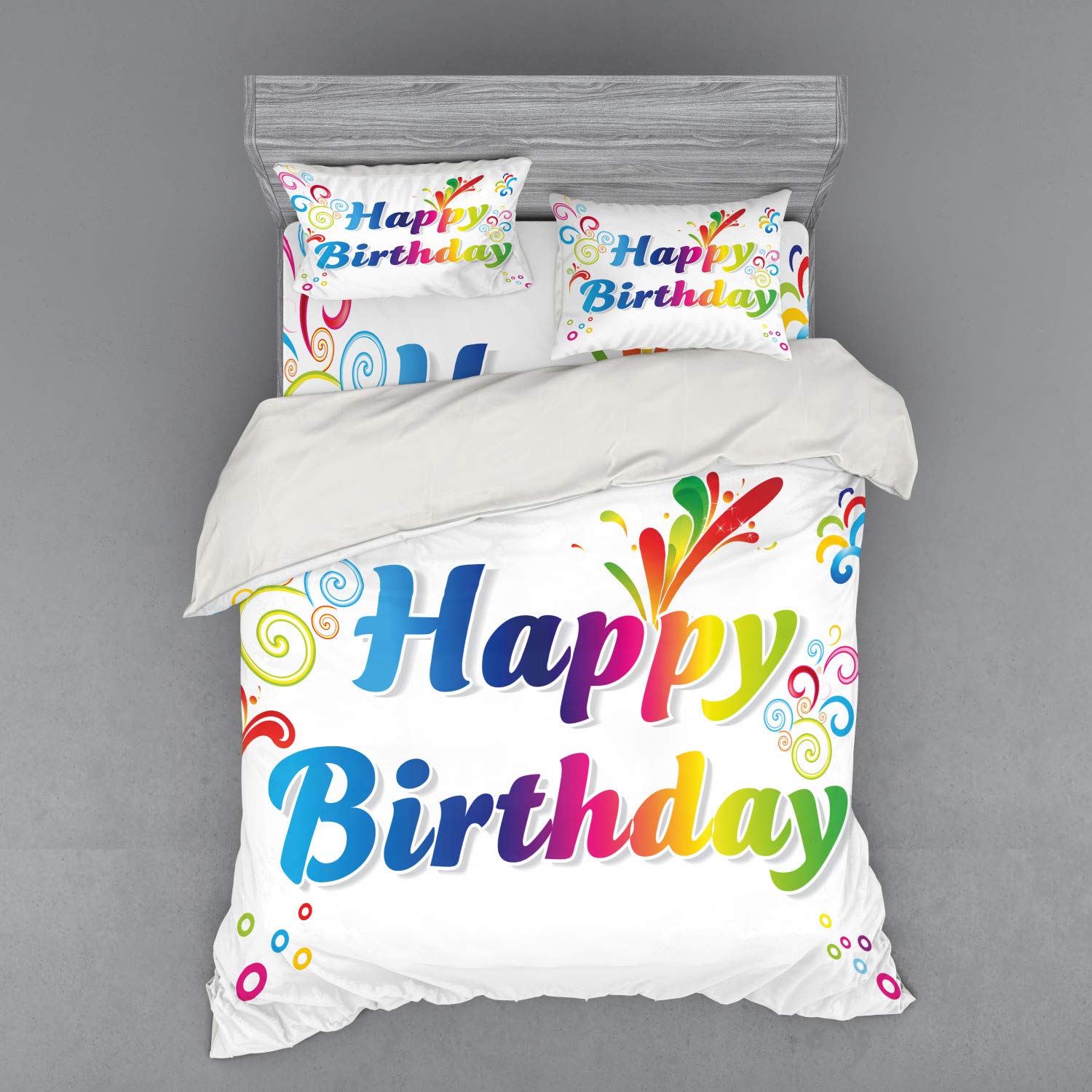 Ambesonne Vibrant Abstract Floral Birthday Duvet Cover Set - 4 Piece Queen Size Bedding with Shams & Fitted Sheet - Colorful Birthday Message Art Print - Perfect for Birthday Gifts & Bedroom Decor