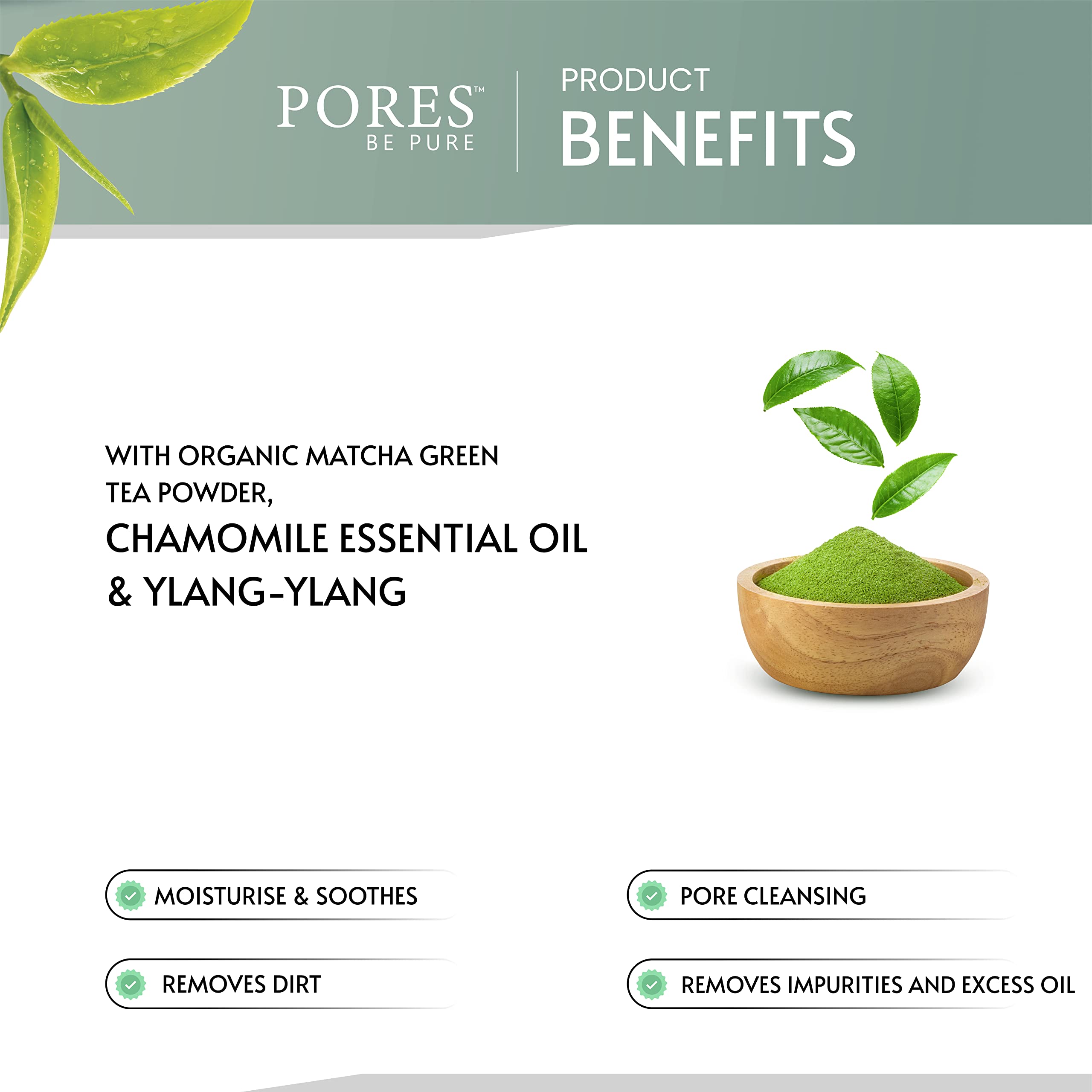 PORES Be Pure Green Tea Pore Cleansing Face Wash for Oily Skin with Vitamin C - Oil Control & Exfoliating Formula | Gentle Non-Drying Vegan Cleanser for Women & Men | 100ml | Perfect for Daily Skincare Routine & Acne-Prone Skin
