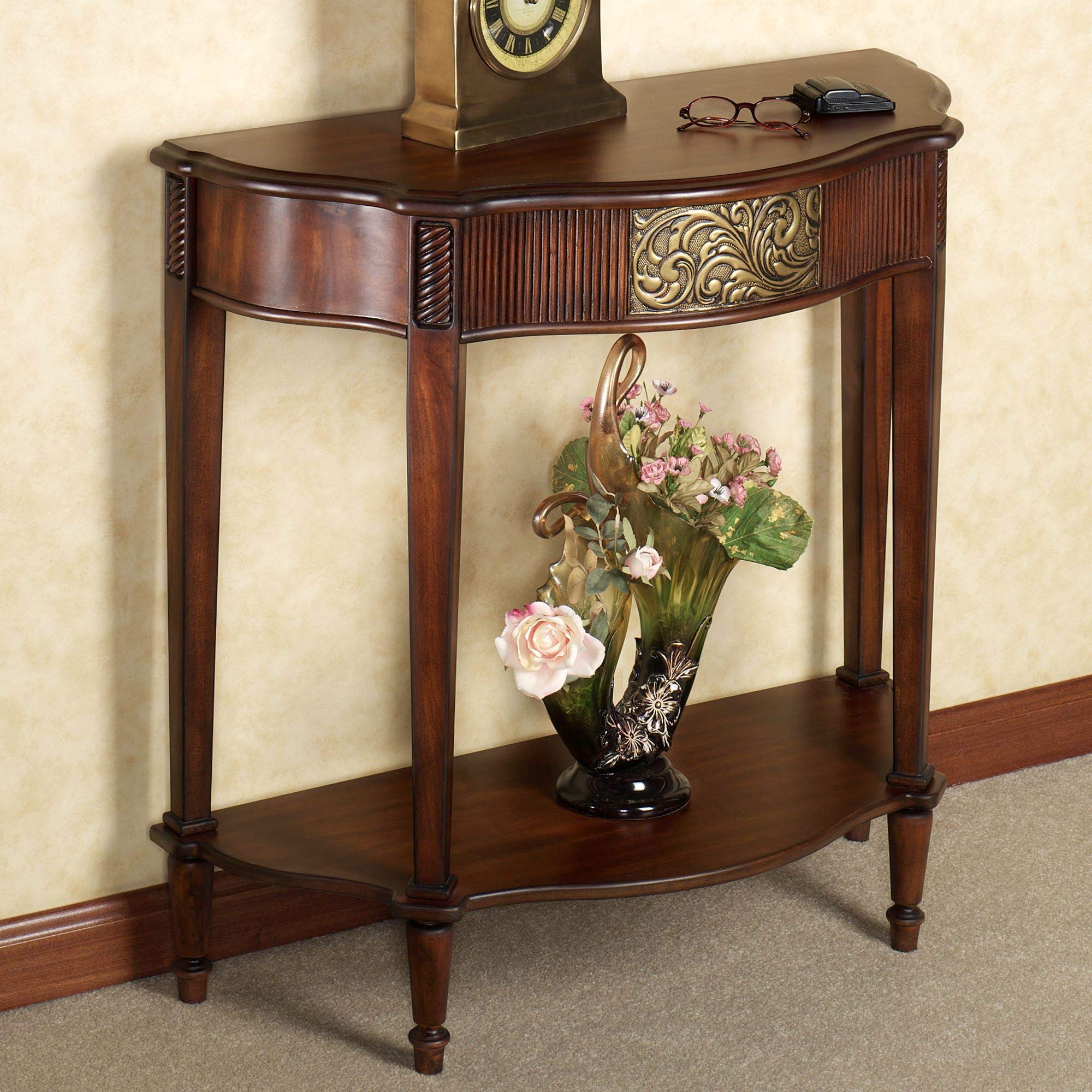 Touch of Class Sarantino Wooden Console Table - Natural Cherry Finish with Aged Gold Accents - Traditional Half Moon Shaped Entryway Table - Elegant Display for Hallway, Living Room or Foyer Decor