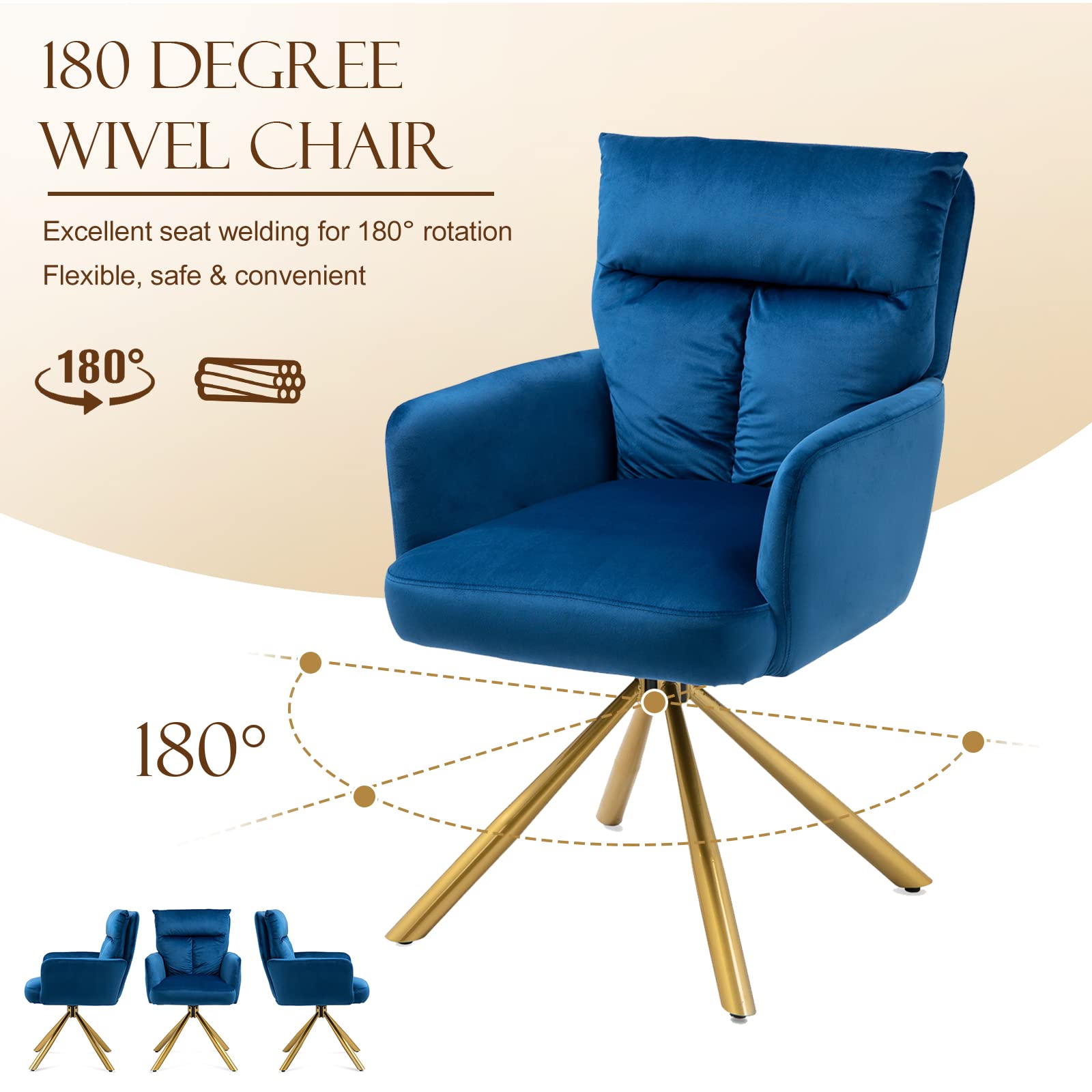 Modern Velvet Swivel Chair - High Back Upholstered Accent Chair with Metal Cross Base | Perfect for Dressing Room, Living Room & Afternoon Tea (Dark Blue)