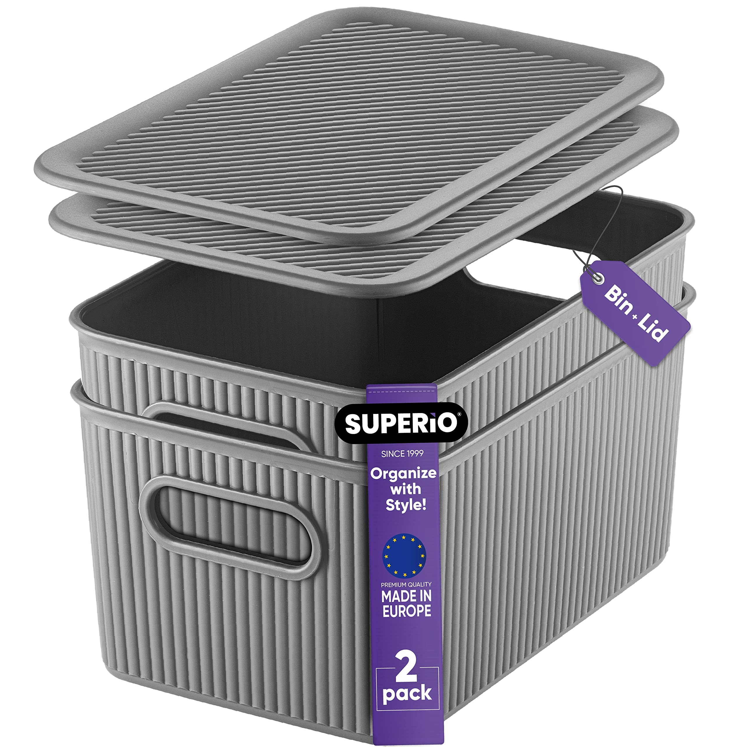 Superior Decorative Lidded Storage Bins - 2 Pack 5L Plastic Organizer Baskets in Medium Gray | Stackable Home Organization Box for Closet, Shelves, Drawers & Pantry | Perfect for Bedroom, Bathroom & Office Storage Solutions