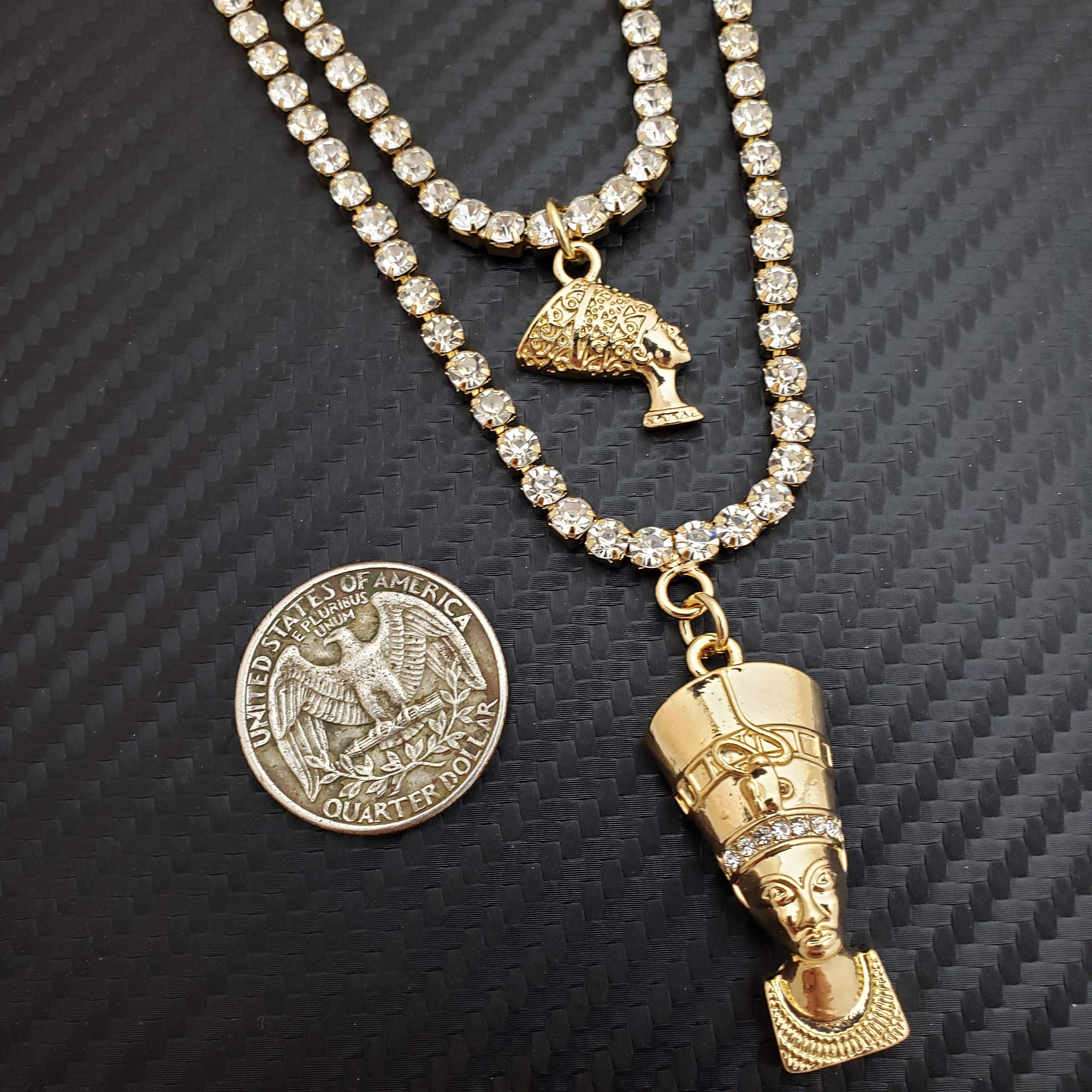 Hip Hop Iced Double Egyptian Nefertiti Pendant & 3mm 16