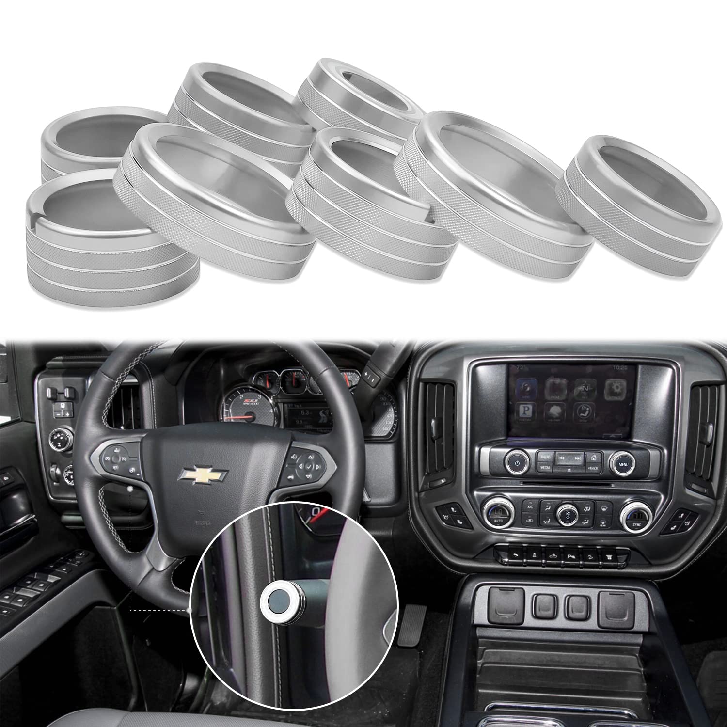 Premium Aluminum Alloy AC Radio Light Switch Knob Covers for Chevy Silverado & GMC Sierra 2014-2018 - Silver Trim Center Console Accessories | Upgrade Interior Decor & Enhance Grip for AC/Radio Controls