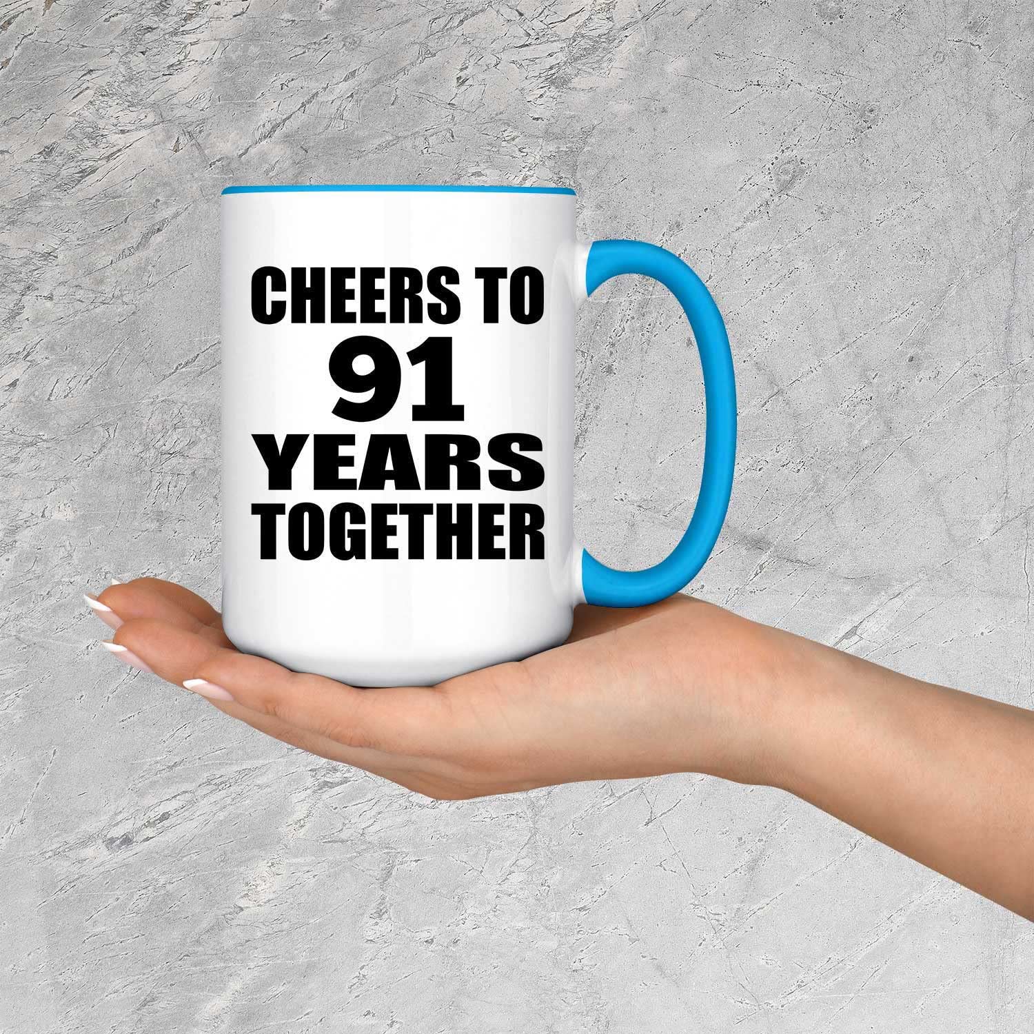 91st Anniversary Coffee Mug - 15oz Blue Ceramic Tea Cup with Handle - Cheers to 91 Years Together - Perfect Gift for Birthday, Mother's Day, Father's Day - Great for Coffee, Tea & Hot Drinks at Home or Office