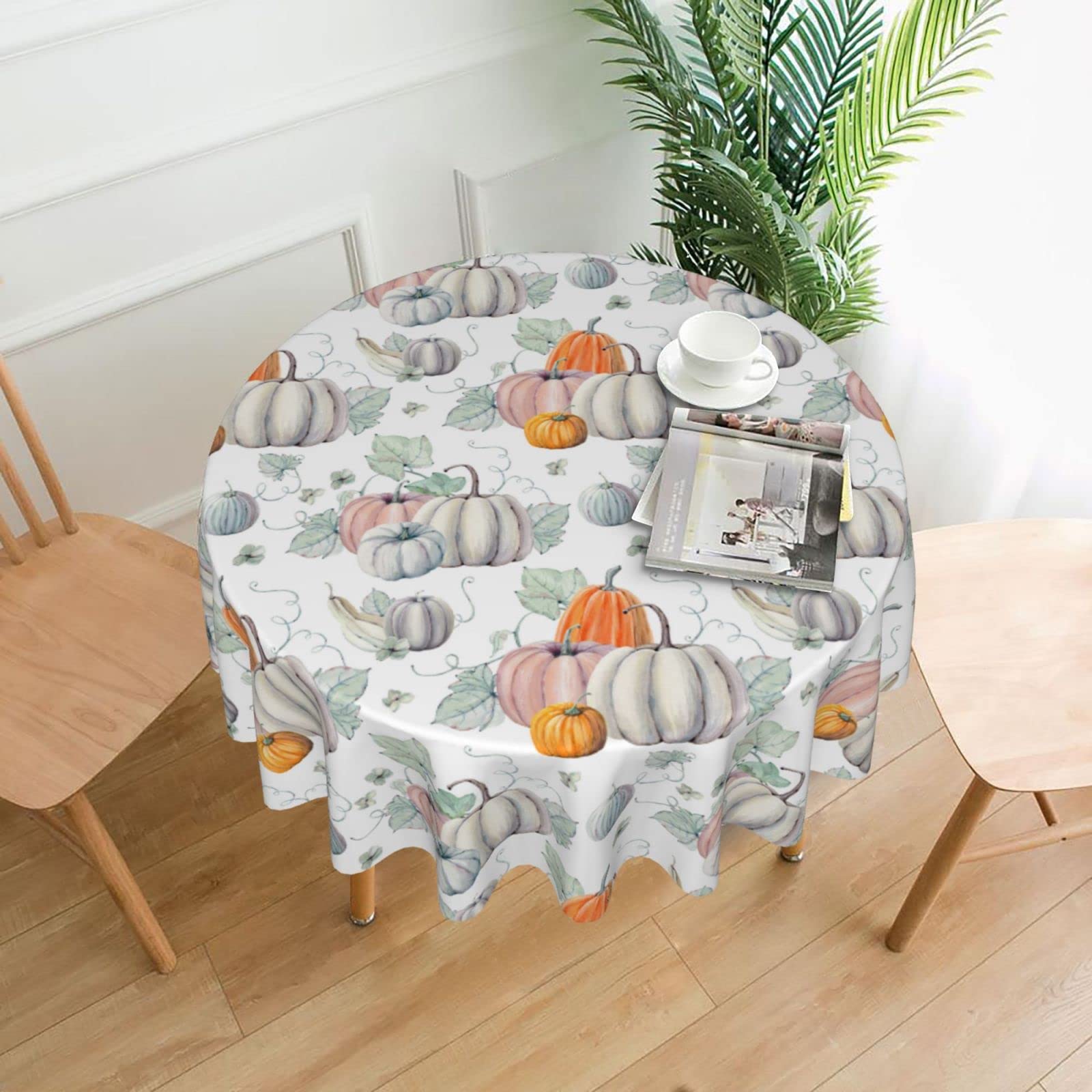 Farmhouse Autumn Pumpkin Watercolor Round Tablecloth - 60 x 60 Inch Stain & Wrinkle Resistant Polyester Table Cover for Kitchen, Dining, Coffee Table, Thanksgiving & Fall Party Decor