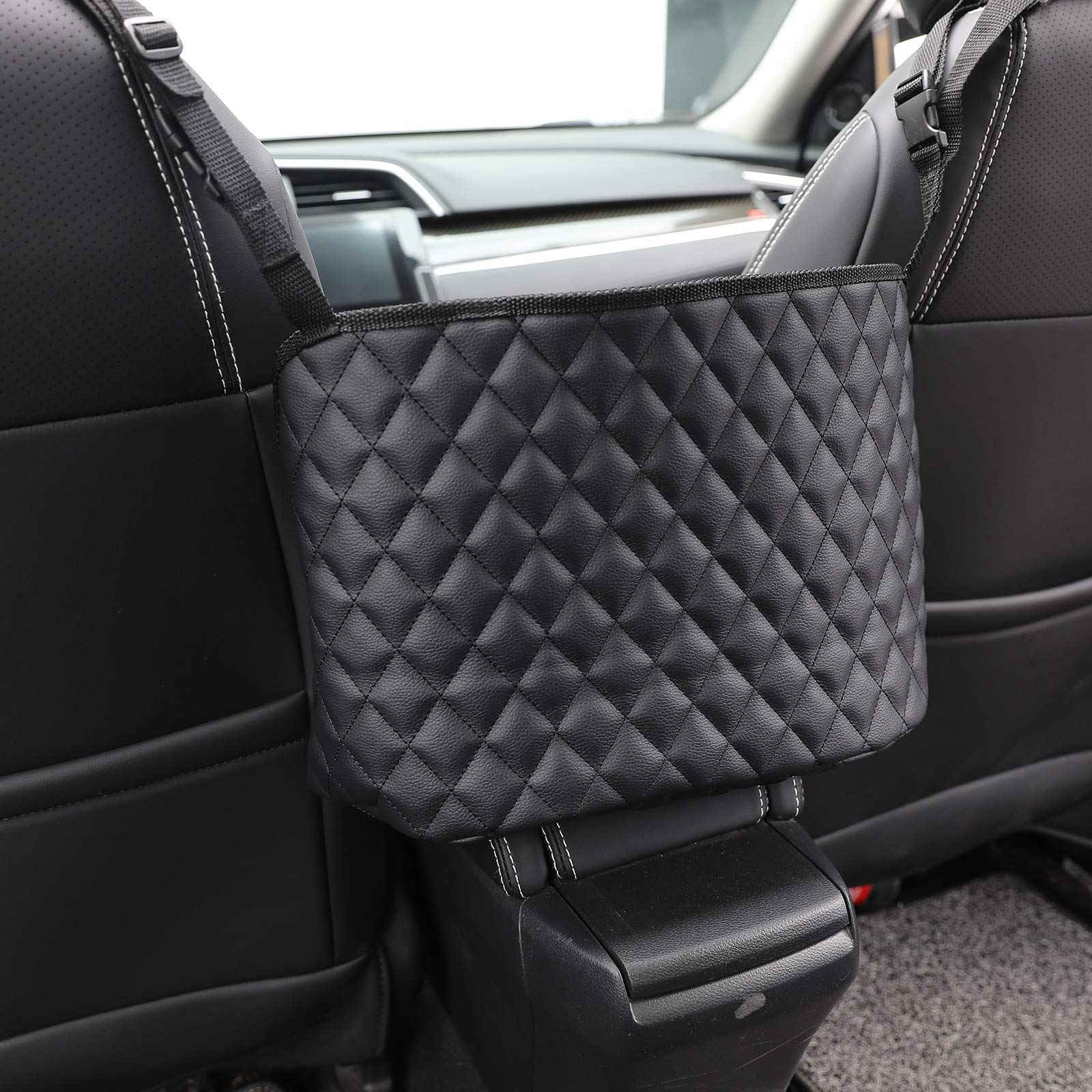 Premium Leather Car Seat Organizer - Large Capacity Hanging Storage Bag for Front Seat Back, Car Net Pocket & Handbag Holder Between Seats | Perfect for Road Trips, Family Travel & Daily Commute