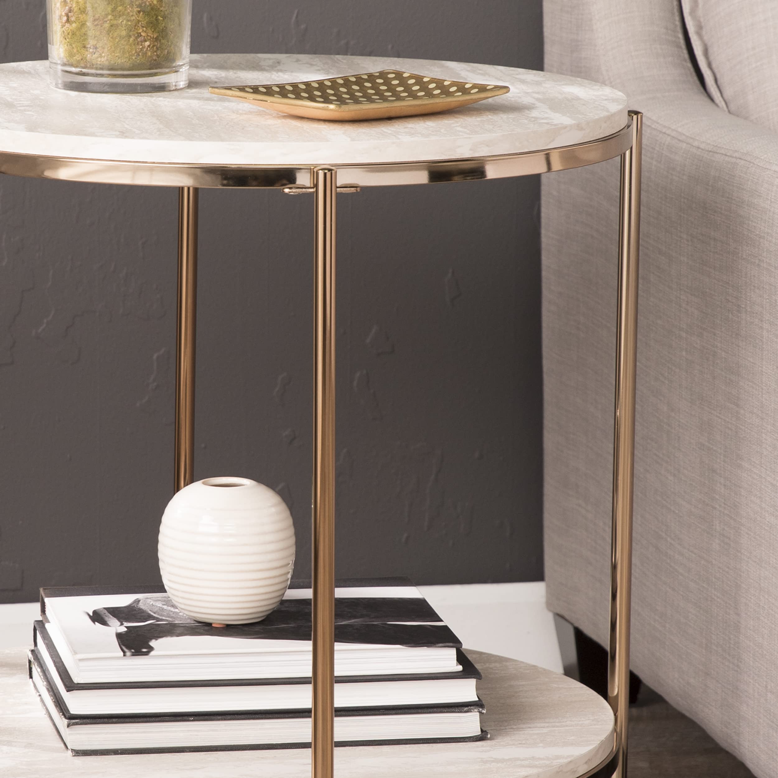 SEI Furniture Silas Round Faux Stone End Table - Champagne Gold Accent Side Table for Living Room, Bedroom & Office Decor