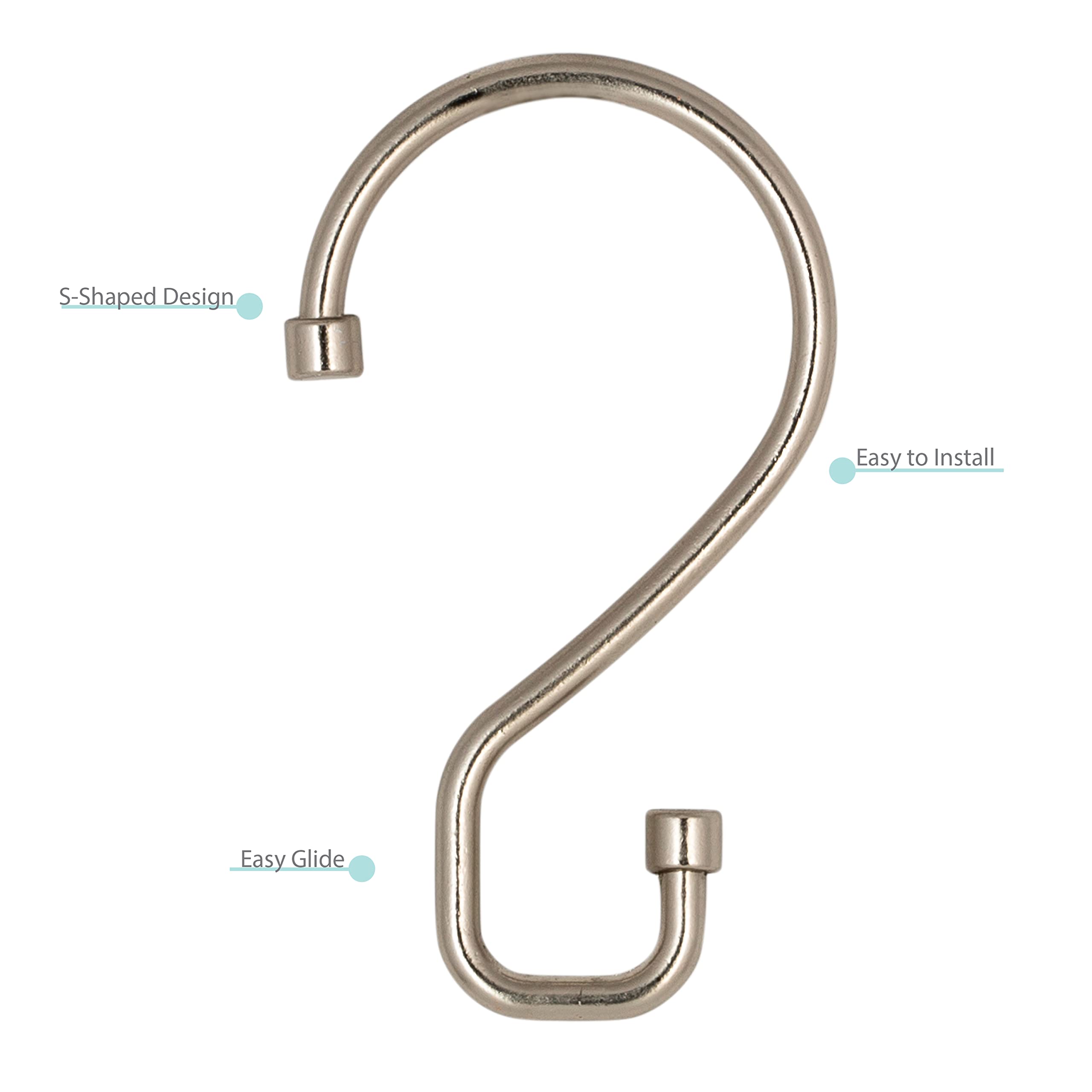 Bath Bliss 12-Pack Metal S-Hook Shower Curtain Rings - Easy Glide & Install for Bathroom Organization - Hang Towels, Mugs & Pans - Durable Satin Finish (Perfect for Showers, Kitchens & Home Decor)