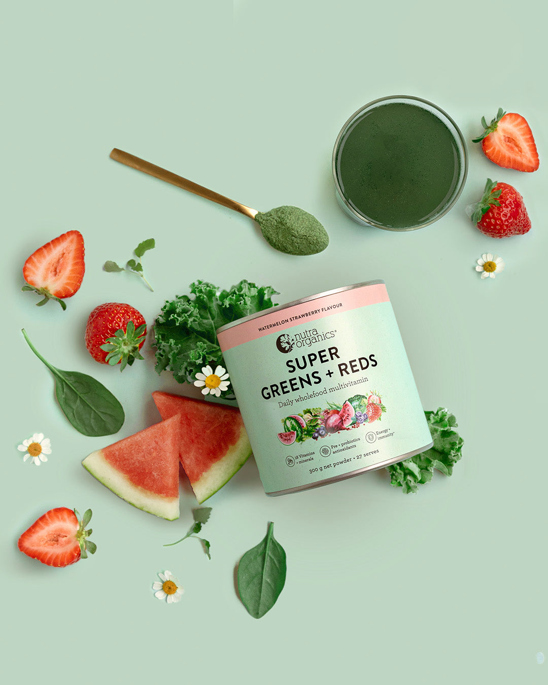 Organic Super Greens & Reds Powder - Watermelon Strawberry Flavor | Antioxidant Rich Superfood Blend for Smoothies, Juices & Daily Wellness Boost