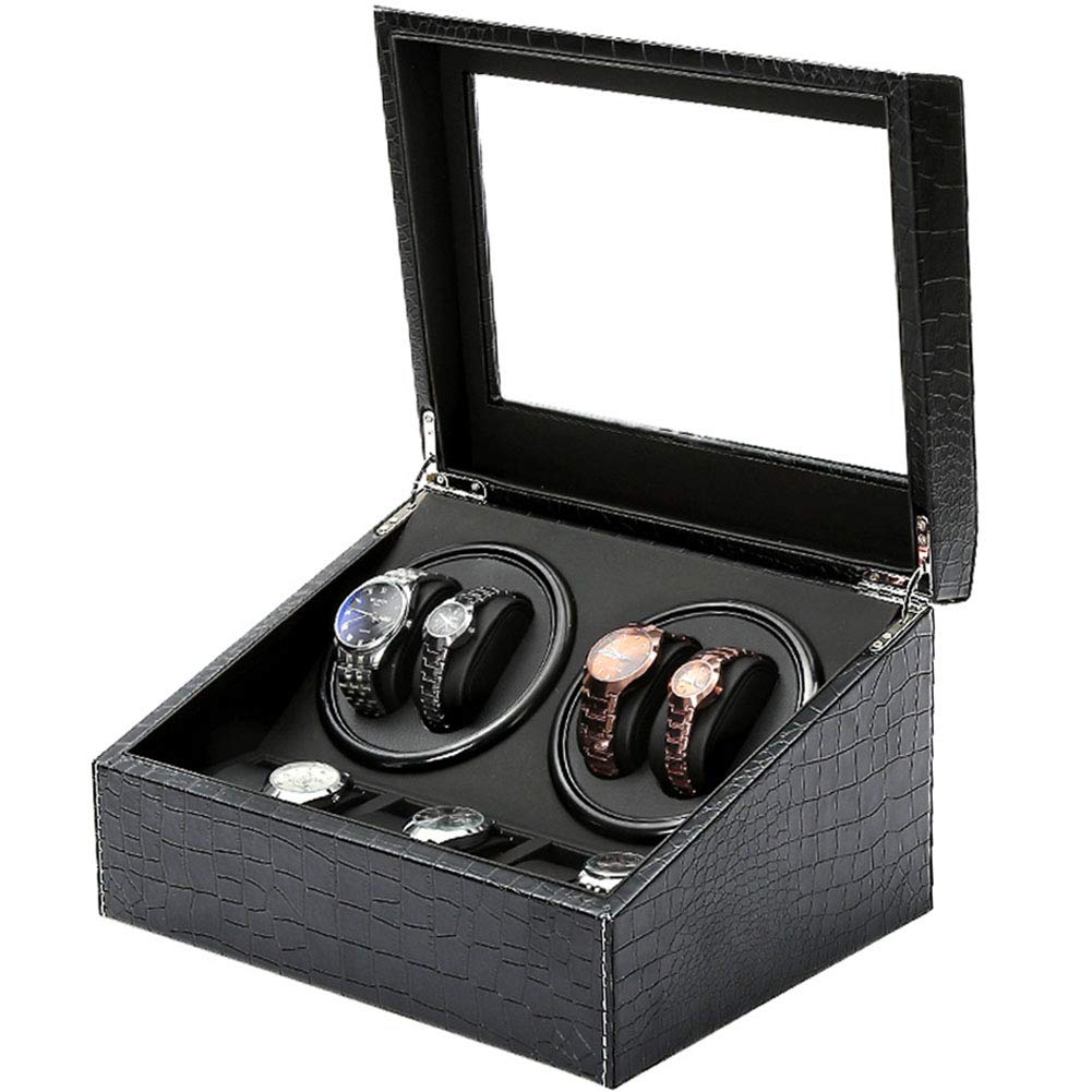 Automatic Watch Winder for Men & Women - Wooden Shell with 3 Rotation Modes, Quiet Motor & Sliding Cover - Fits 4+6 Watches (Black) | Perfect for Automatic Watch Storage, Display & Maintenance at Home or Office