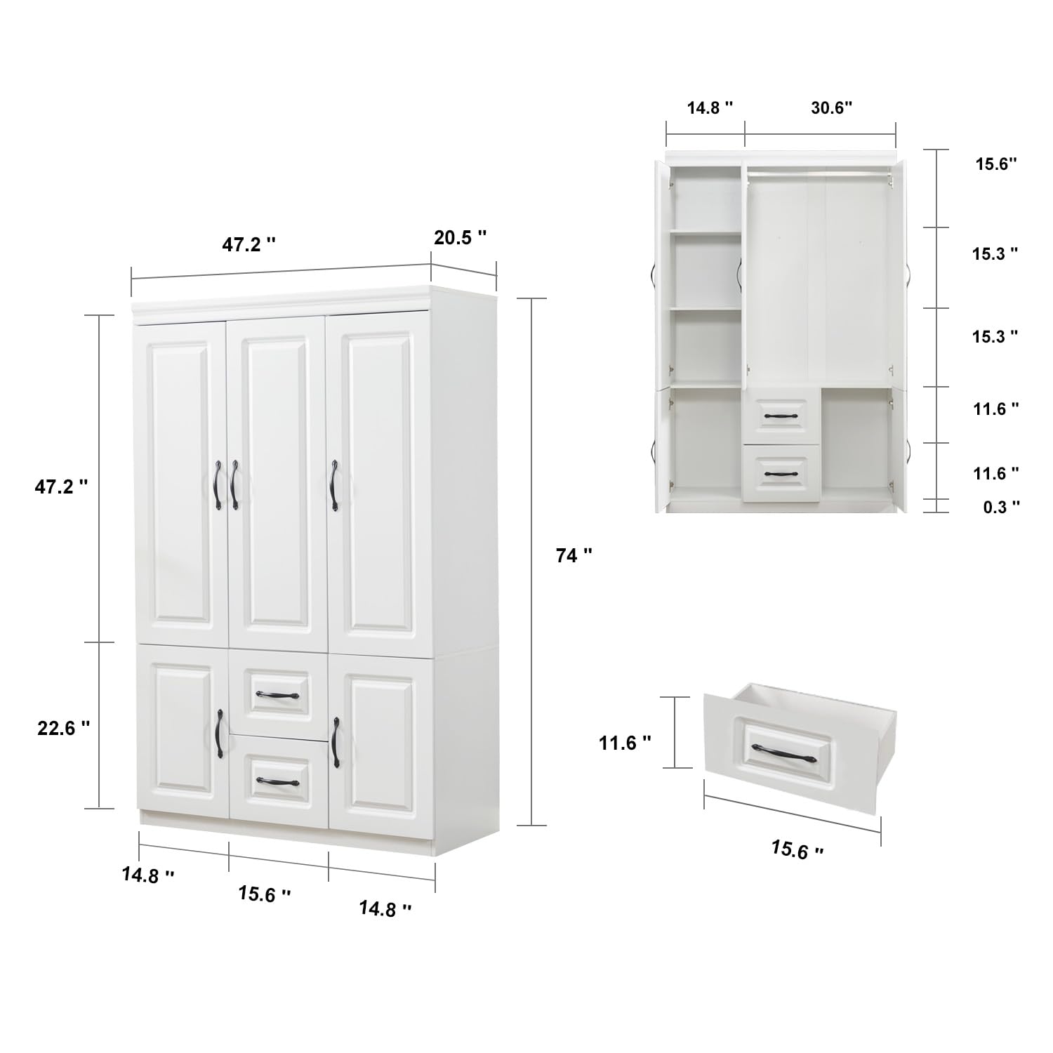 3-Door Wardrobe Closet - Large Freestanding Armoire Cabinet with Hanging Rod & Shelves, White Wooden Bedroom Storage Organizer (47.3
