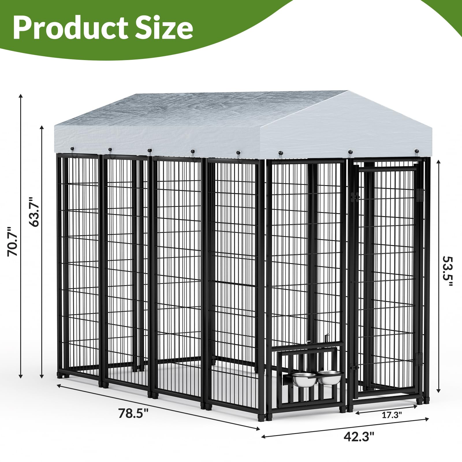 Rovibek Outdoor Dog Kennel with Waterproof & Sun-Resistant Roof - Large Covered Puppy Kennel for Yard with Feeding Bowls - Durable Outside Dog Enclosure for Backyard, Garden & Patio Use
