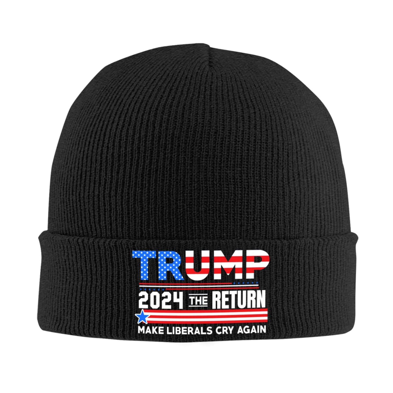 Donald Trump 2024 'The Return' Make Liberals Cry Again American Flag Beanie Hat - Funny Political Gift for Trump Supporters, Winter Skull Cap for Men & Women - Perfect for Campaign Rallies, Conservative Events & Cold Weather