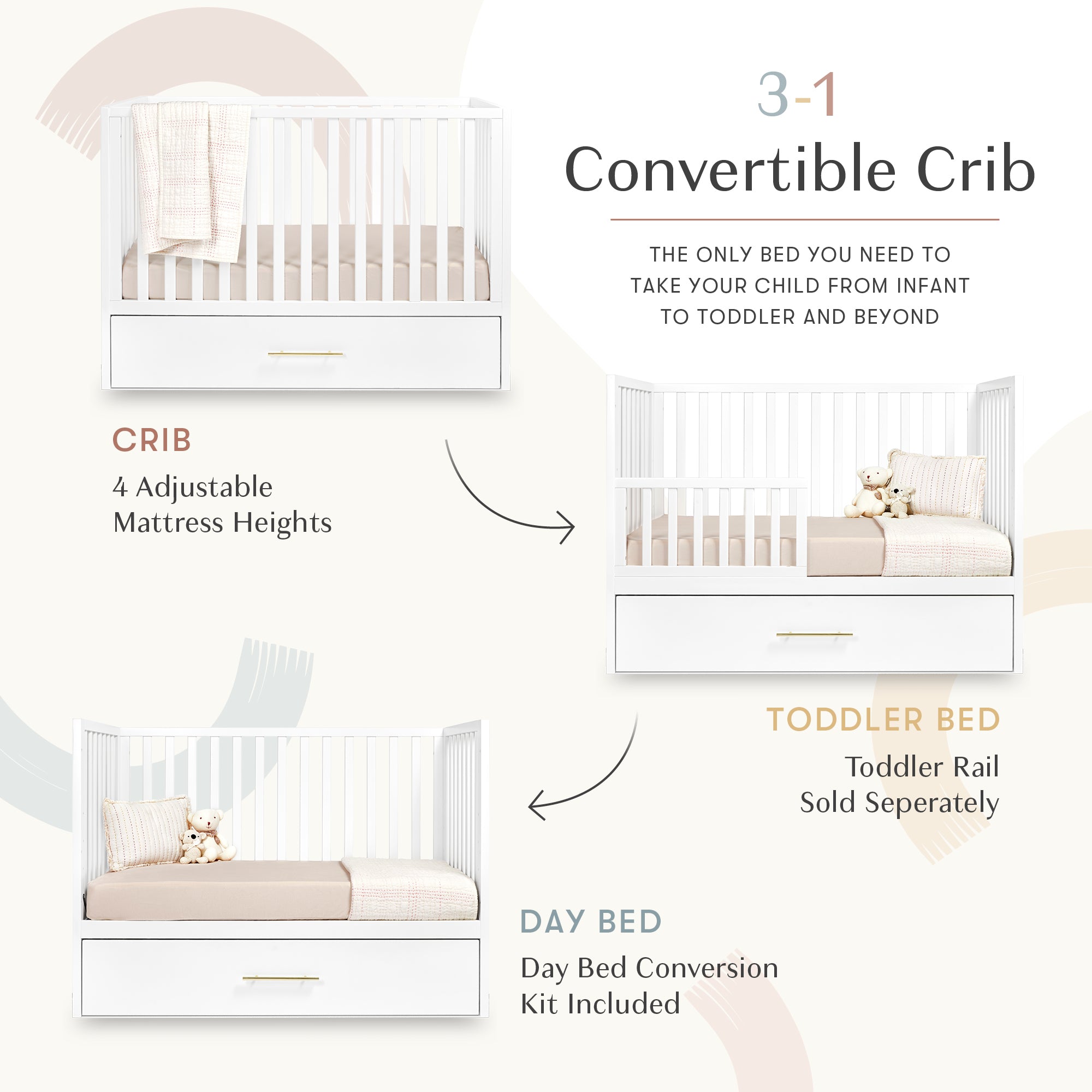 HushCrib 3-in-1 Convertible Baby Crib with Trundle - White Nursery Furniture for Newborns, Toddlers & Kids - Perfect for Small Spaces & Shared Bedrooms