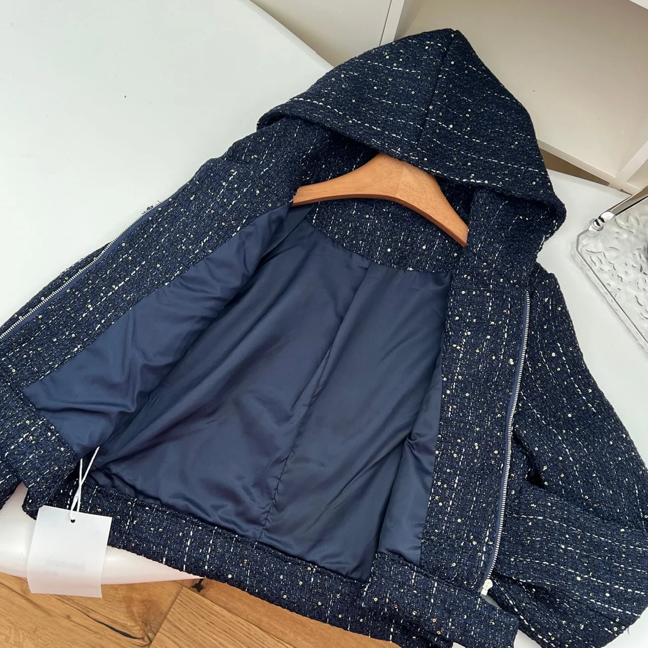 Vintage French Fashion Women's Blue Long Sleeve Hooded Zipper Jacket - Elegant Winter Coat for Ladies, Autumn Outerwear, Casual Vacation Wear & Daily Street Style