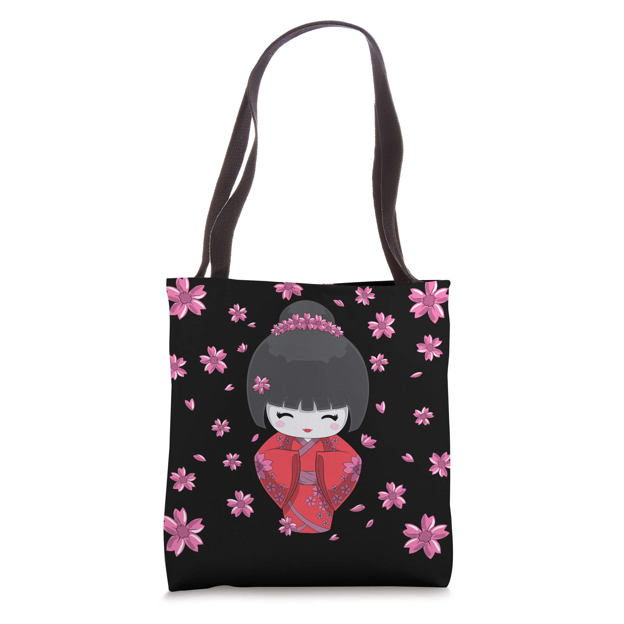 Japanese Kawaii Kokeshi Doll Cherry Blossom Tote Bag - Cute Floral Print Reusable Shopping Bag for Women, Perfect for Grocery, Beach & Daily Use