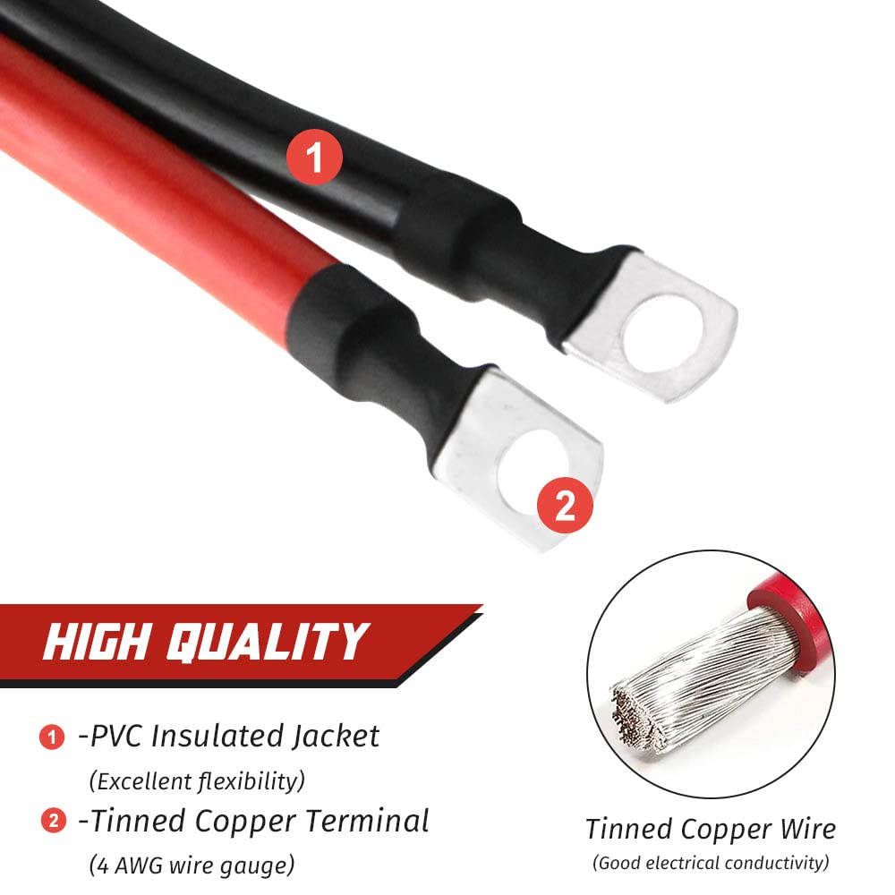 4 AWG Gauge Pure Copper Battery Cables - 2pcs Red & Black Power Inverter Wire Set with 3/8