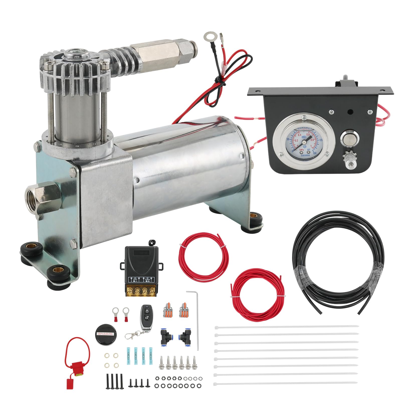 Heavy Duty On Board Air Compressor System Kit for Trucks & Vans - Includes Air Spring Compressor, Pressure Gauge, Wiring Harness, Air Line & Hardware - Perfect for Off-Roading, Towing & Suspension Adjustments