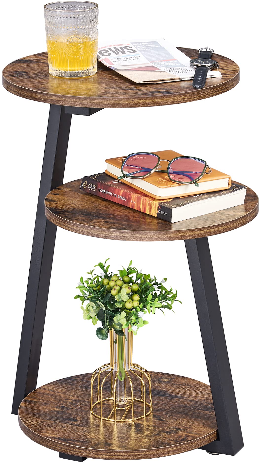 BEWISHOME Round End Table with Metal Frame - 3-Tier Shelf Side Table, Nightstand, Bedside Table for Living Room, Bedroom, Couch | Rustic Brown Small Coffee Table | Perfect for Reading Nook, Apartment Decor & Small Space Furniture (KTZ41Z)