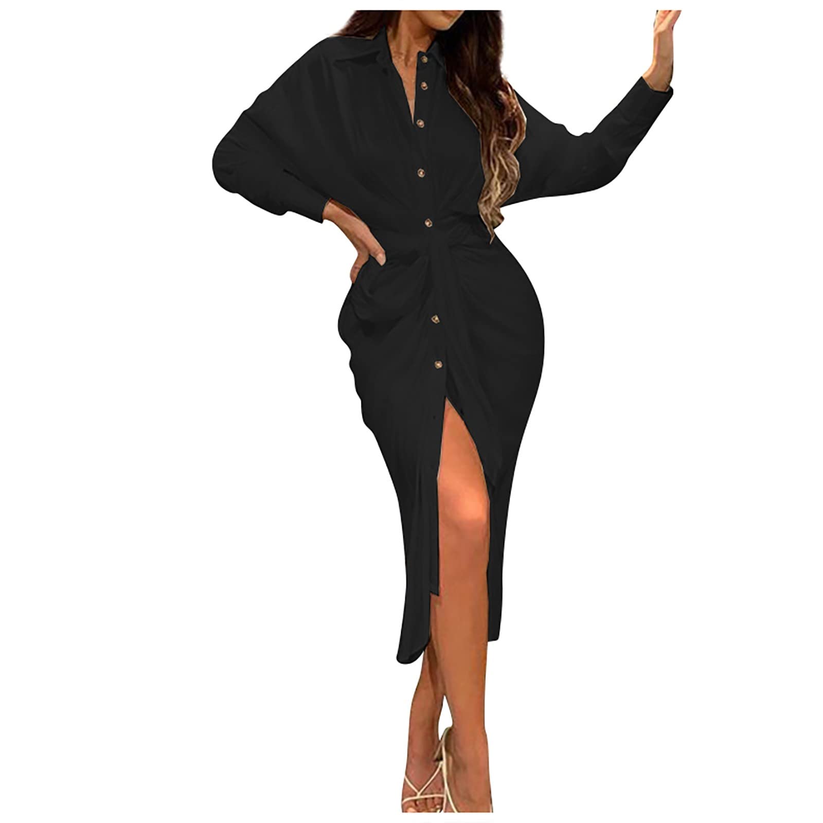 Mebamook Women's Summer Dress - Solid Color Shirt Collar Long Sleeve Button Down Pleated Tie Waist Dress for Women, Elegant Office Wear & Casual Outing Dress