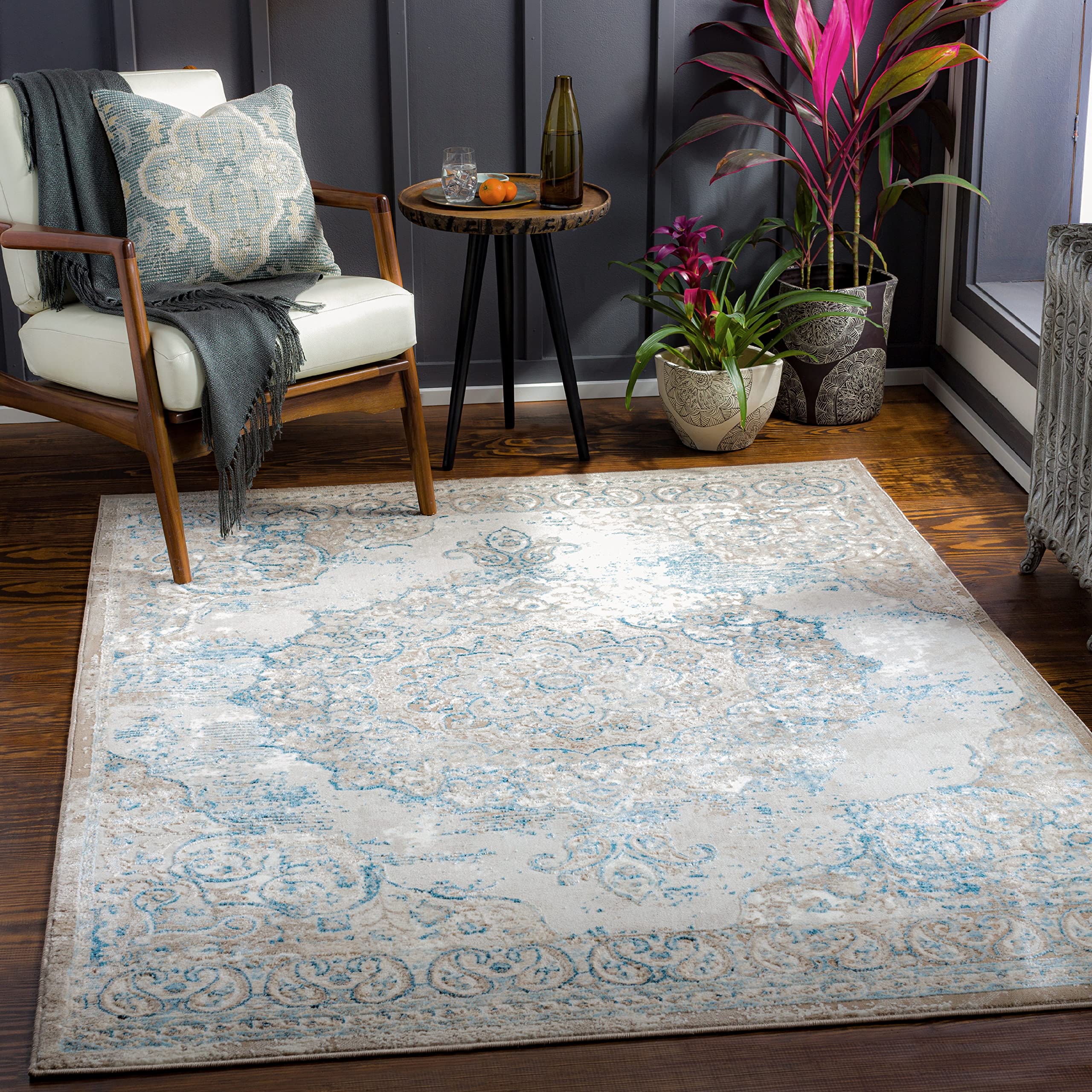 Mark&Day 9x12 Traditional Denim Area Rug - Blue, Brown & White Handmade Carpet for Living Room, Bedroom, Kitchen - 8'10