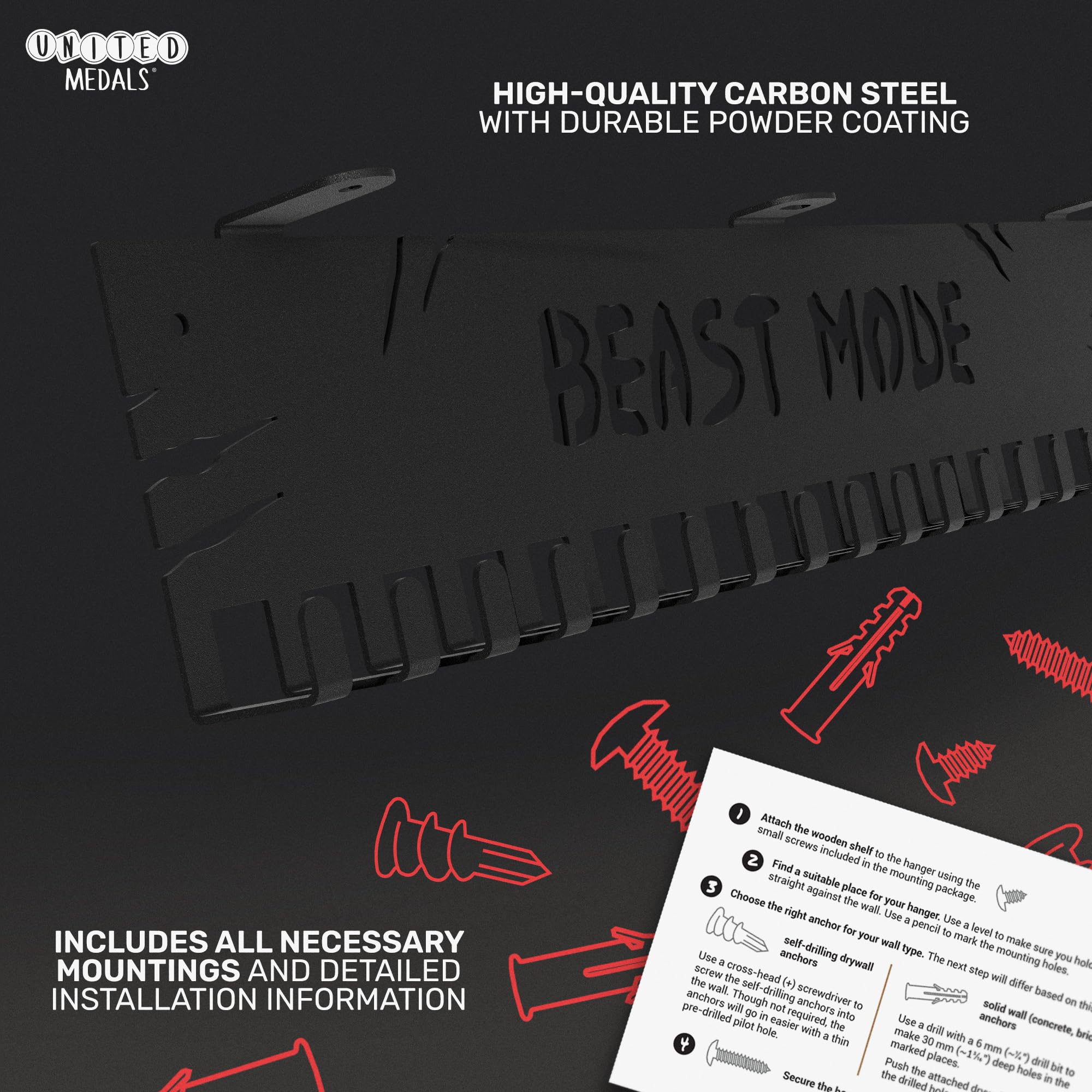 Beast Mode Medal Holder - Heavy Duty Steel Medal Hanger & Display Rack for Awards, Ribbons, and Badges - Perfect for Sports Trophies, Military Medals, and Race Finisher Displays