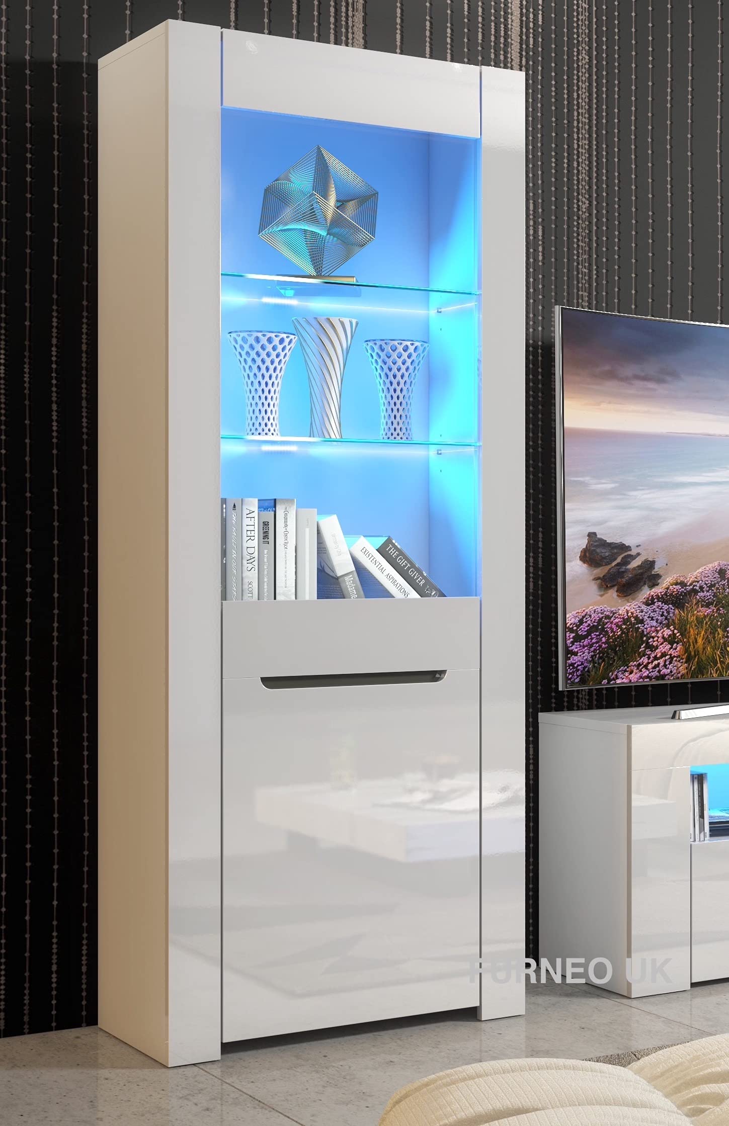 Furneo Modern Display Cabinet with High Gloss & Matte White Finish - Milano09 Design with Blue LED Lights - Perfect for Living Room, Dining Room & Retail Store Displays
