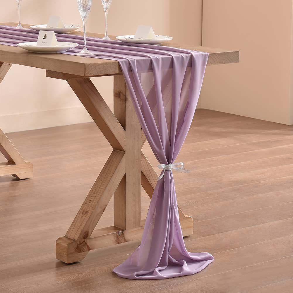 Lavender Purple Chiffon Table Runner - 14ft (29x170 Inches) Wedding Decor, Boho Rustic Sheer Fabric for Easter, Spring, Bridal Shower & Romantic Events - Elegant Dining Table Decoration for Weddings, Parties & Home Decor