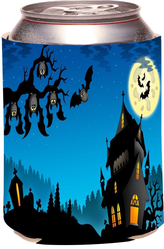 Spooky Haunted House Halloween Can Cooler - Insulated Beverage Hugger for Beer & Soda - Perfect for Halloween Parties, Tailgating & Outdoor Events
