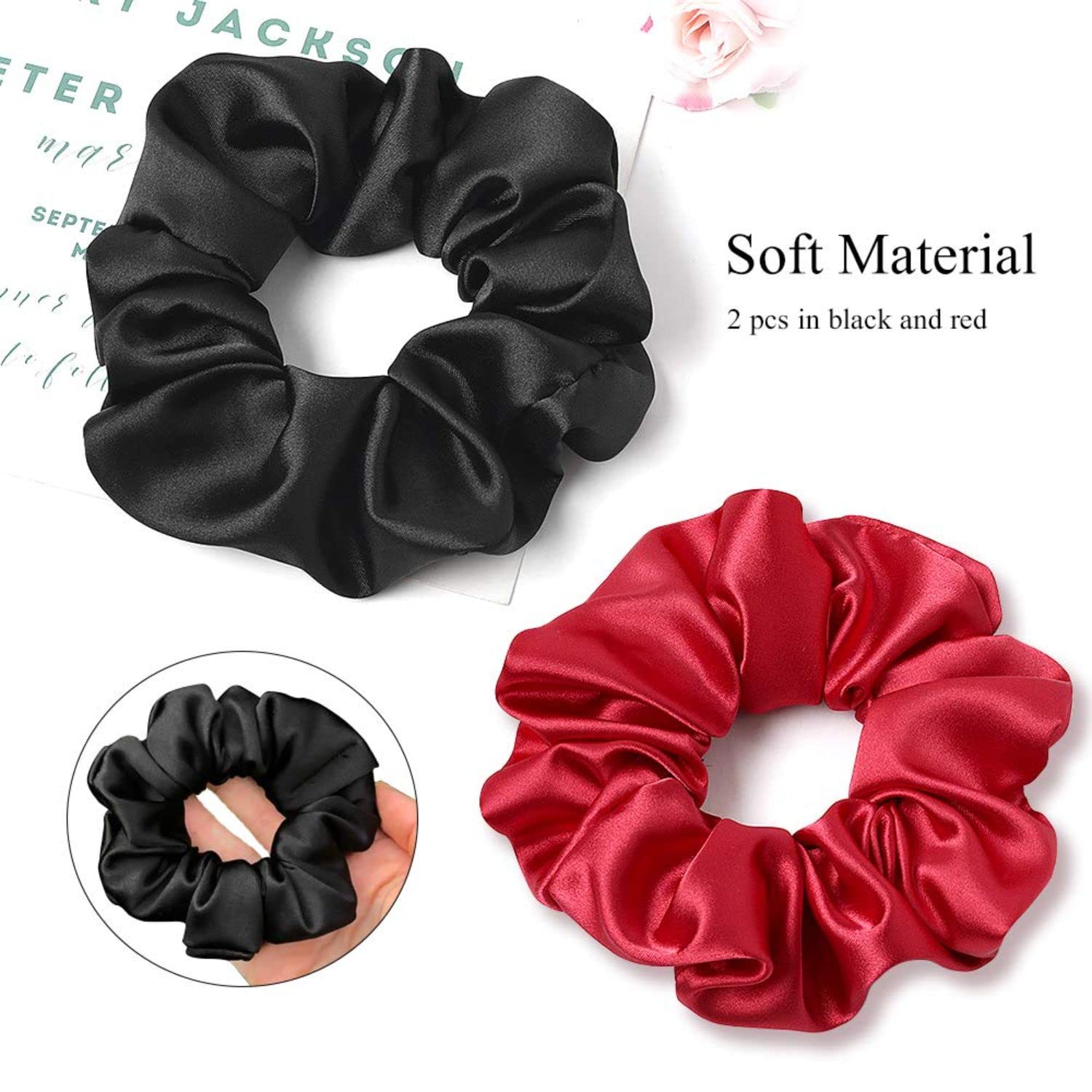 FAMEZA 2 Pack Black & Red Silk Scrunchies for Women - Soft Satin Hair Ties for Thick, Curly Hair - Mulberry Silk Ponytail Holders & Sleep Hair Bands (Perfect for Workouts, Office, and Overnight Hair Protection)