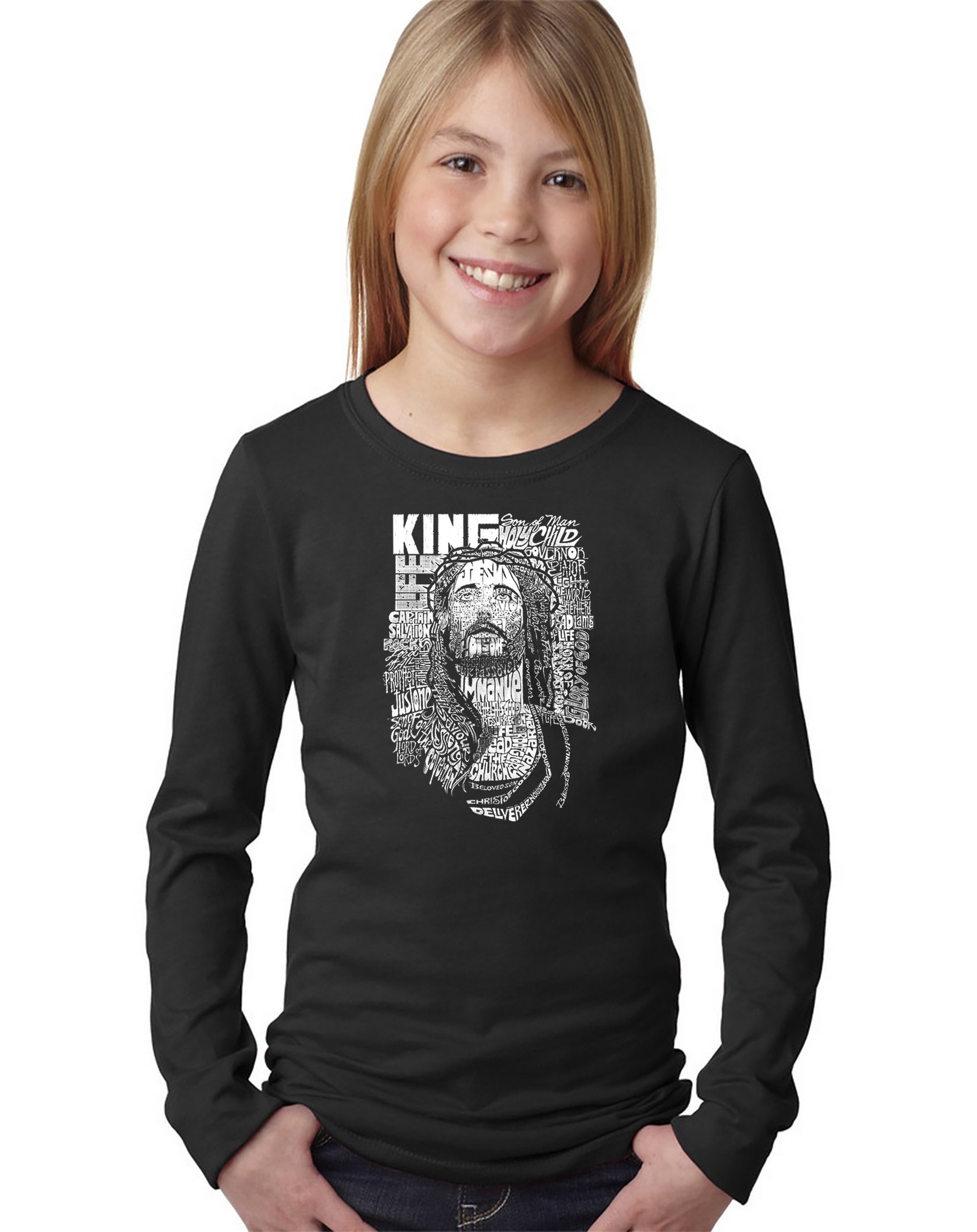 LA POP ART Jesus Word Art Long Sleeve T-Shirt for Girls - Religious Graphic Tee for Church, Sunday School & Christian Youth Events