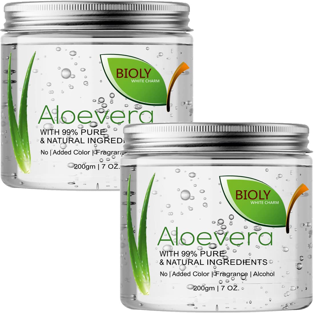 BIOLY WHITE CHARM Pure Aloe Vera Gel with Vitamin E for Face, Skin & Hair Care - Transparent Hydrating Gel (2-Pack) | Soothes Sunburn, Moisturizes Dry Skin & Conditions Hair