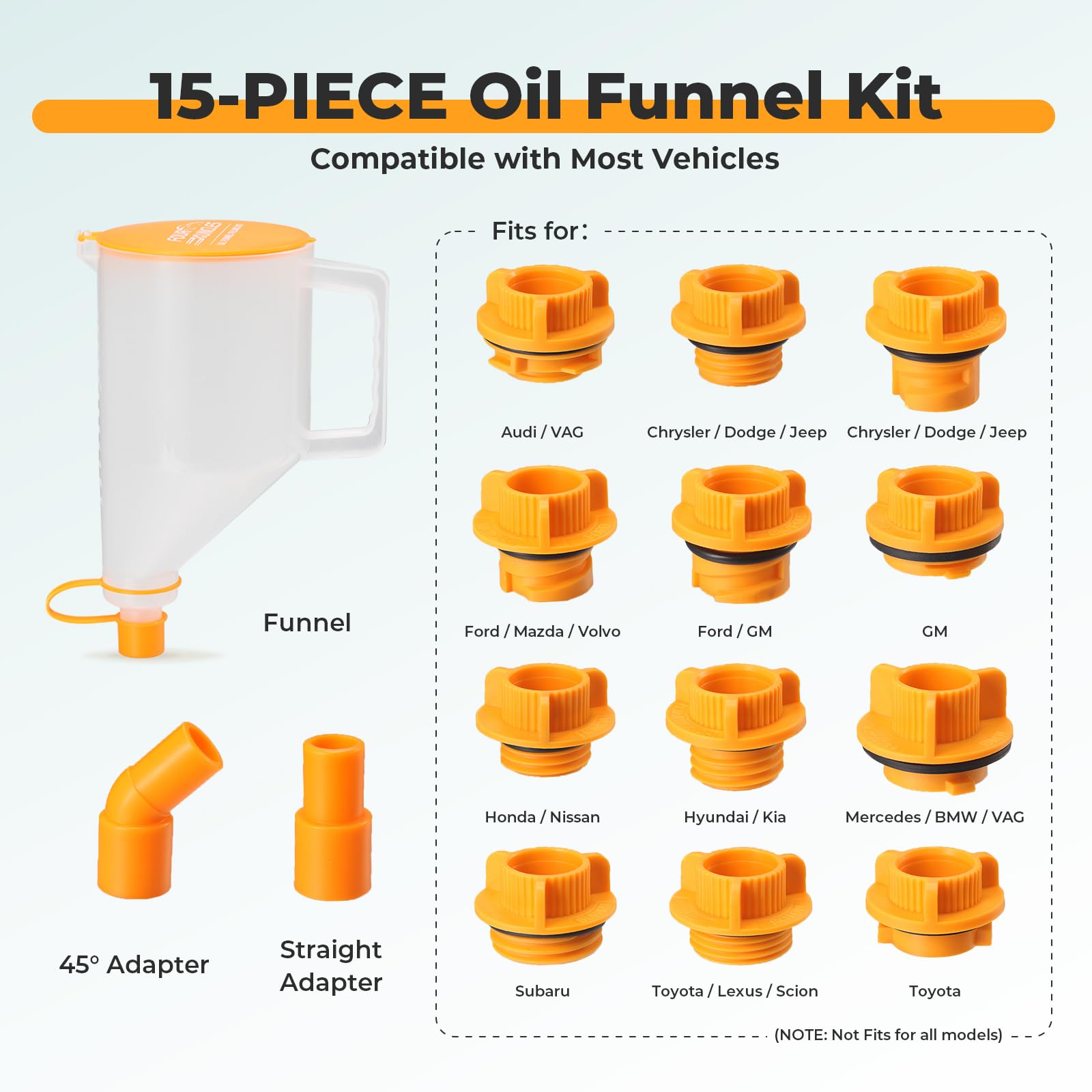 FOUR UNCLES 15-Piece No-Spill Oil Funnel Kit for Cars & Trucks - 1.5 Quart Funnel with 14 Universal Adapters | Easy One-Hand Operation | Perfect for DIY Oil Changes & Garage Maintenance