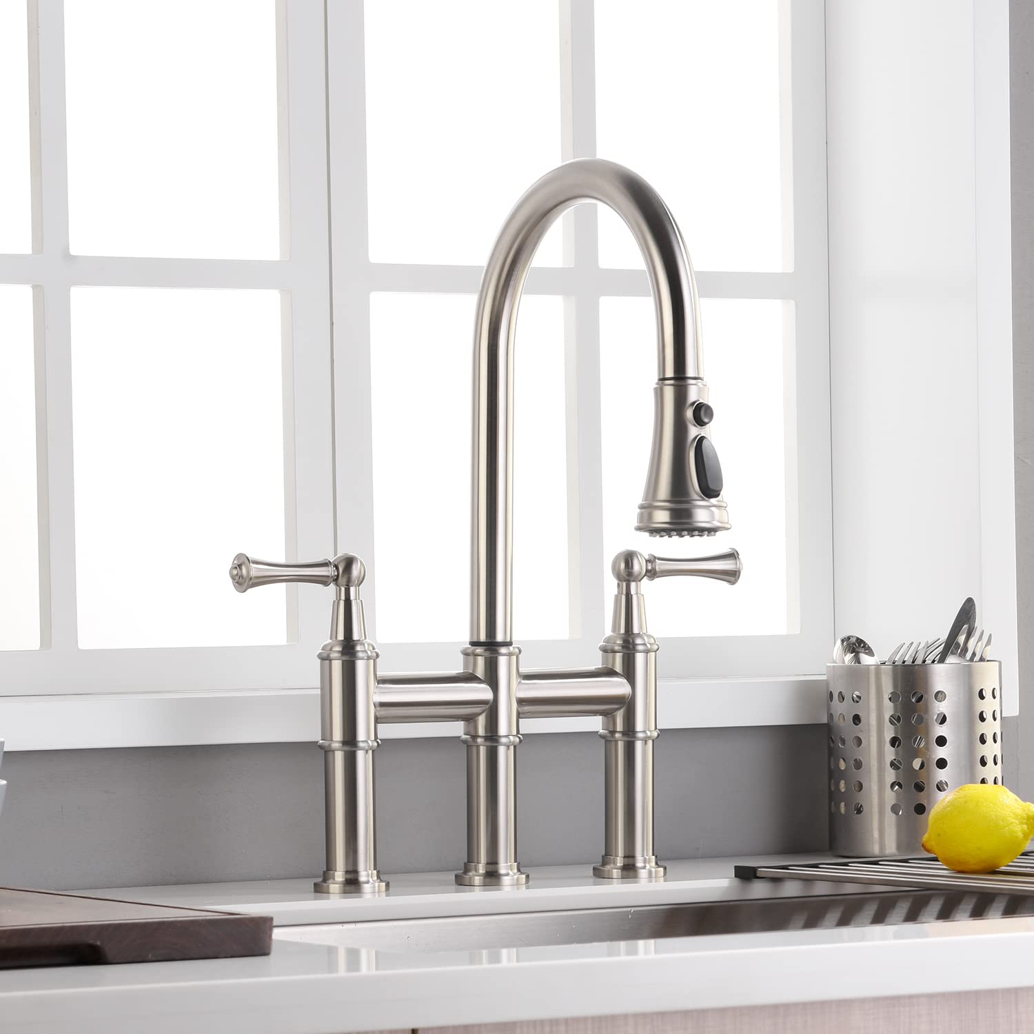 ARRISEA Heritage Bridge Kitchen Faucet - Brushed Nickel 2-Handle Pull-Down Sprayer with Spot-Free Finish, 8-Inch Centerset for 3-Hole Sink Installation | Perfect for Farmhouse & Vintage Style Kitchens