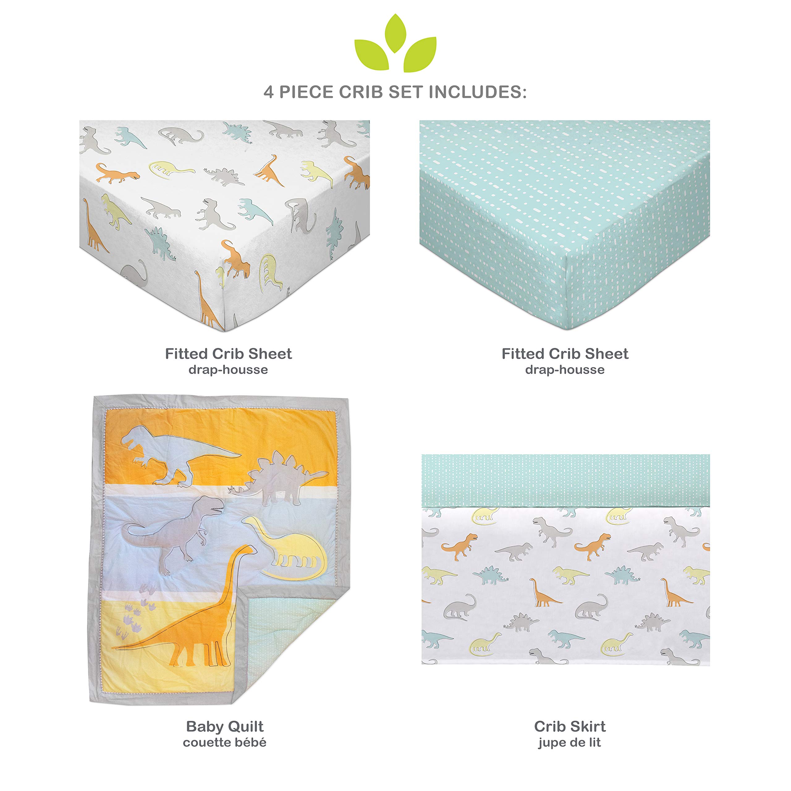 Dino Land 4-Piece Baby Crib Bedding Set - Soft Quilt, 2 Fitted Sheets & Bed Skirt | Perfect Nursery Decor for Boys & Girls | Safe & Comfortable for Newborns & Toddlers