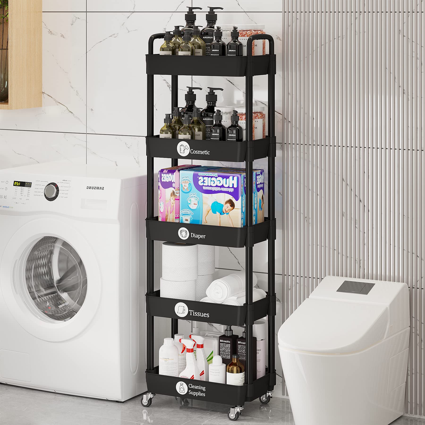 Laiensia 3-Tier Rolling Storage Cart with Lockable Wheels - Multifunctional Mobile Organizer for Kitchen, Bathroom, Laundry Room - Includes Classified Stickers | Perfect for Home Organization, Small Space Storage & Closet Organization