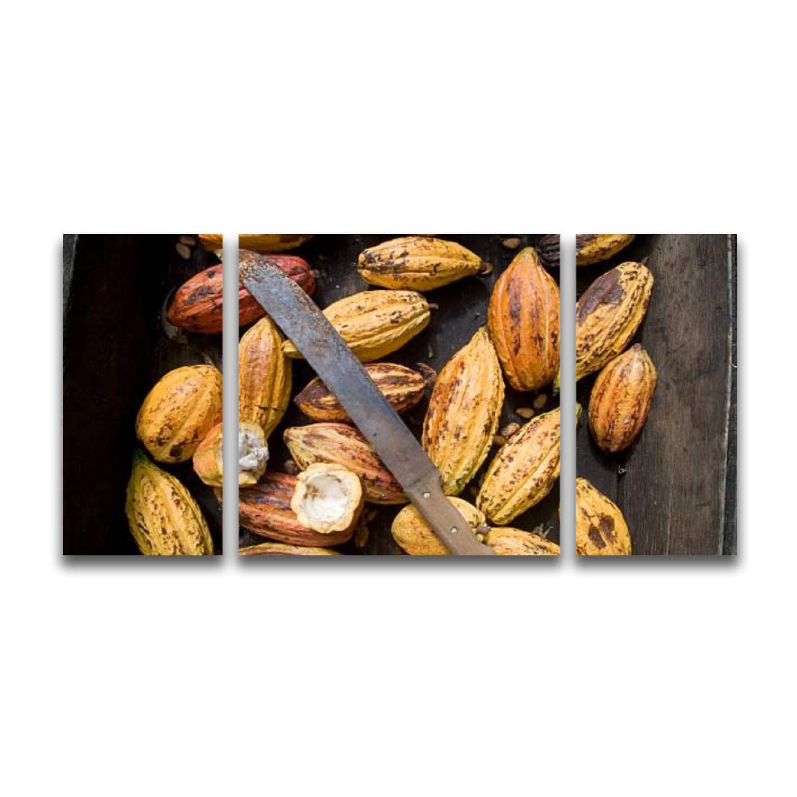 3 Panel Canvas Wall Art - Cocoa Pods with Machete Framed Paintings | Stretched & Ready to Hang | Home Decor for Living Room, Bedroom & Office