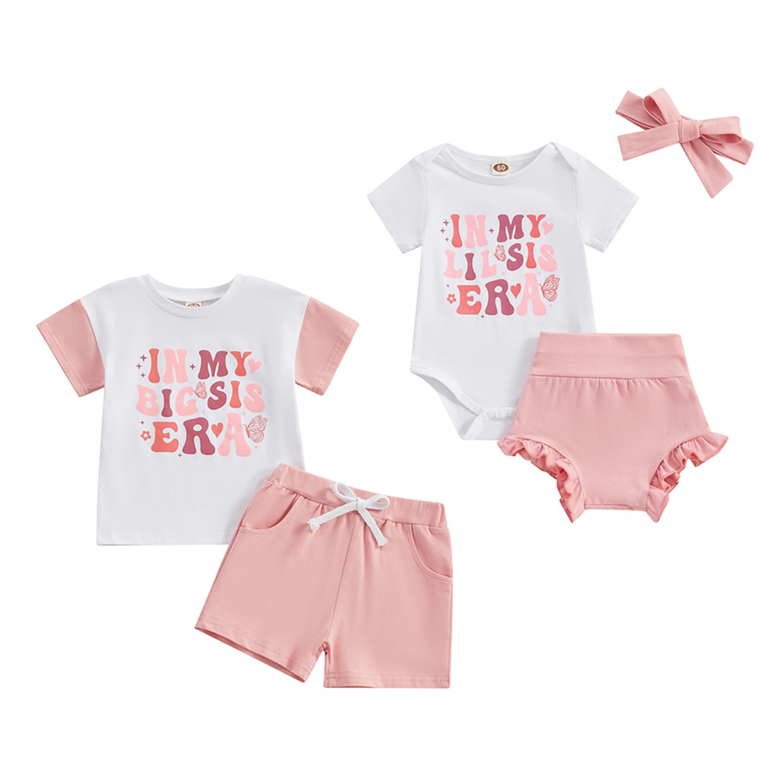 Omkzanbi Big Sister Little Sister Matching Outfits - Cute 2-Piece Summer Bodysuit & Ruffle Shorts Set for Sibling Photos, Family Events & Twin Fashion (My Big/Lil Sis Era)