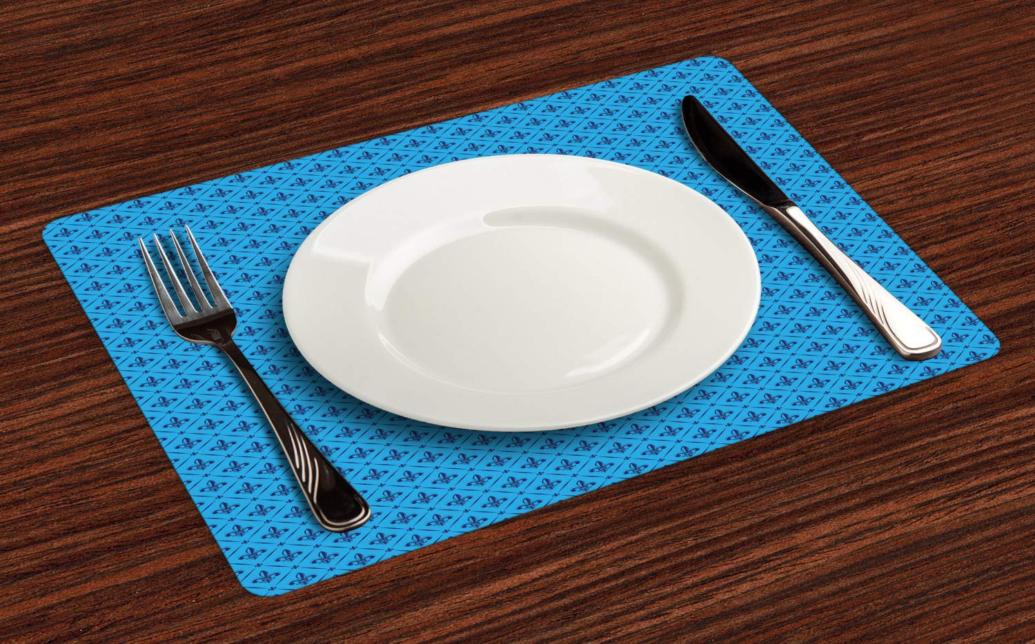 Ambesonne Fleur De Lis Place Mats Set of 4 - Traditional Abstract Lily Design with Diagonal Lines & Rectangle Frames - Washable Fabric Dining Table Mats in Dark Blue - Perfect for Formal Dinners, Holiday Gatherings & Everyday Meals